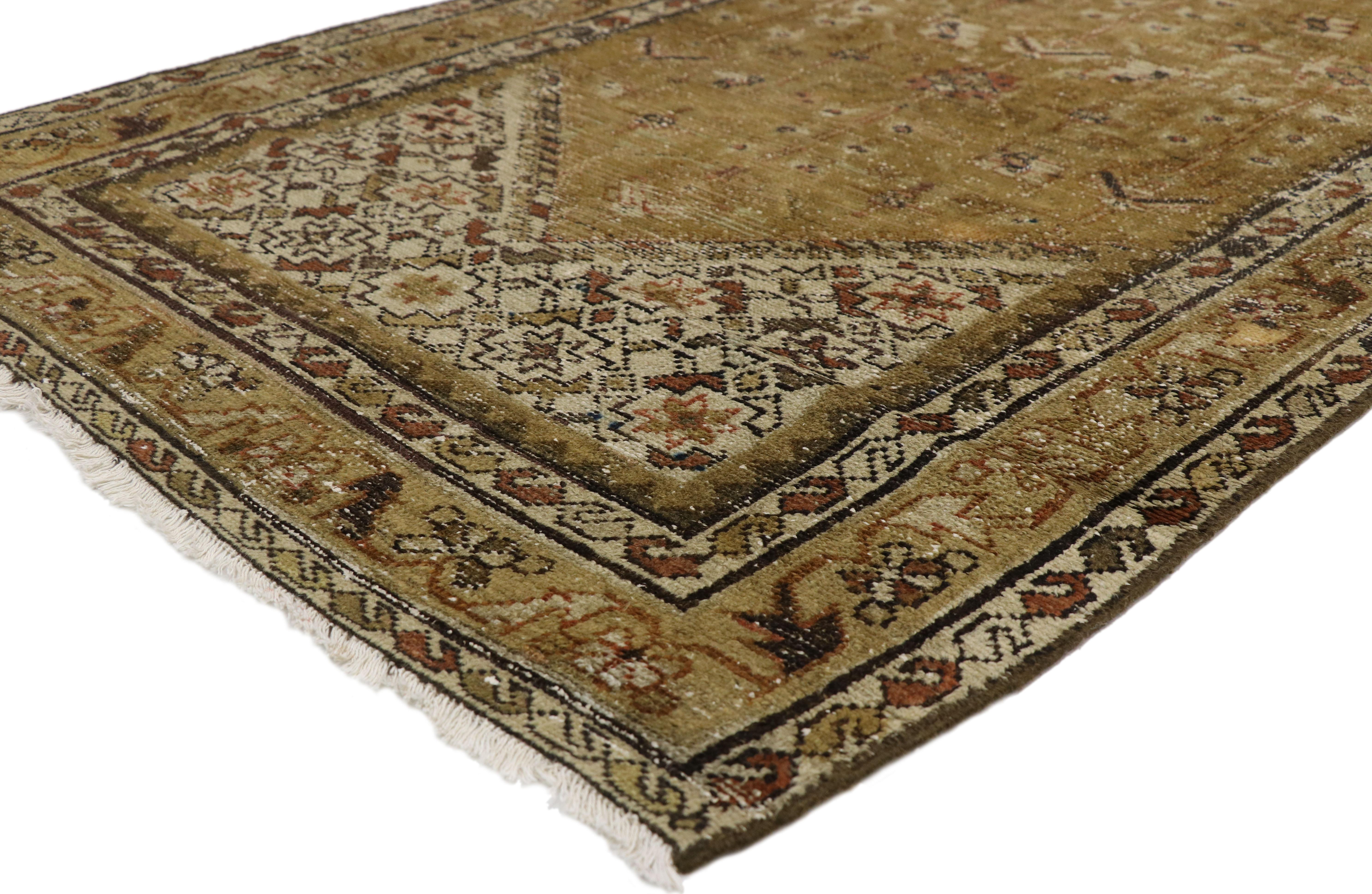 76552 Antique Persian Malayer Runner with Guli Hinnai Flower, Persian Hallway Runner 03'04 x 16'01. Balance traditional and sophistication with a mix of classic geometric motifs, neutrals and warmth. This antique Persian Malayer runner blends