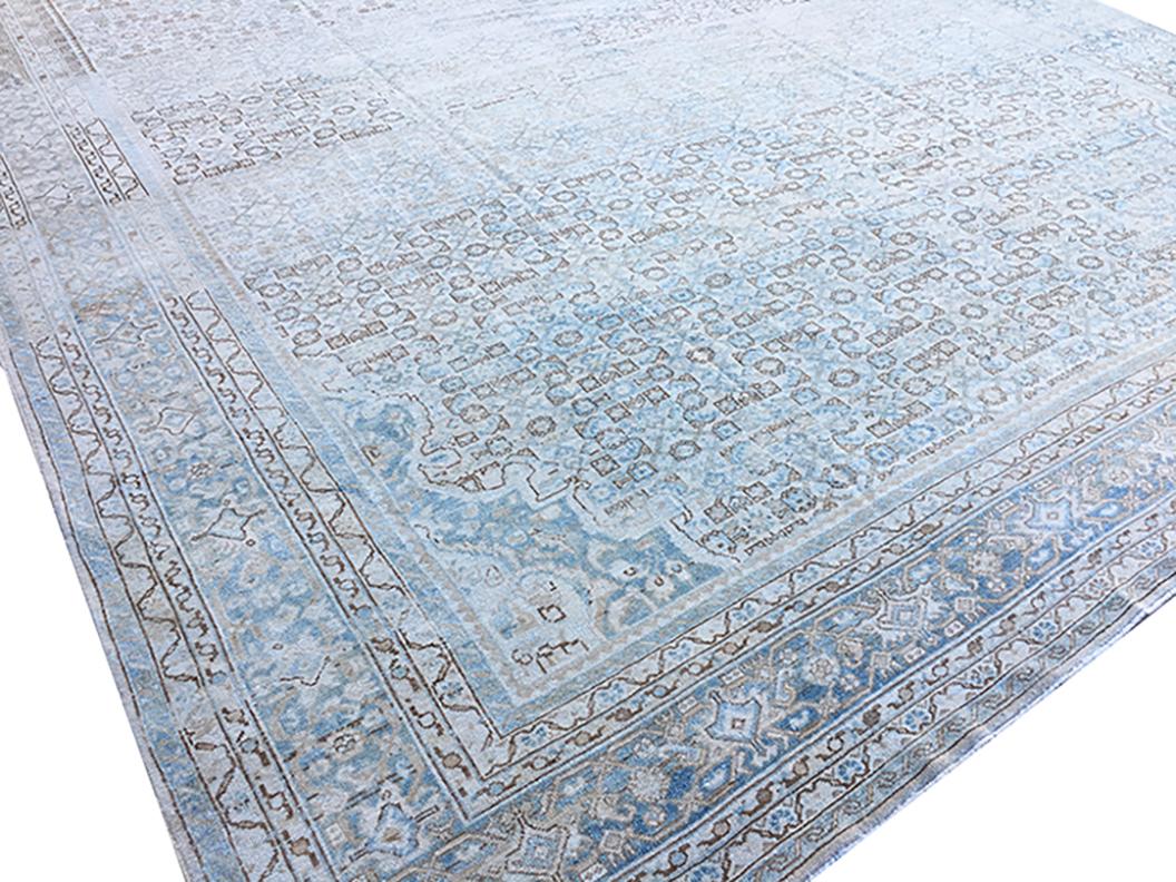 Alfombra Persa Antigua Malayer Patrón Herati Marfil y Azul Lana en venta