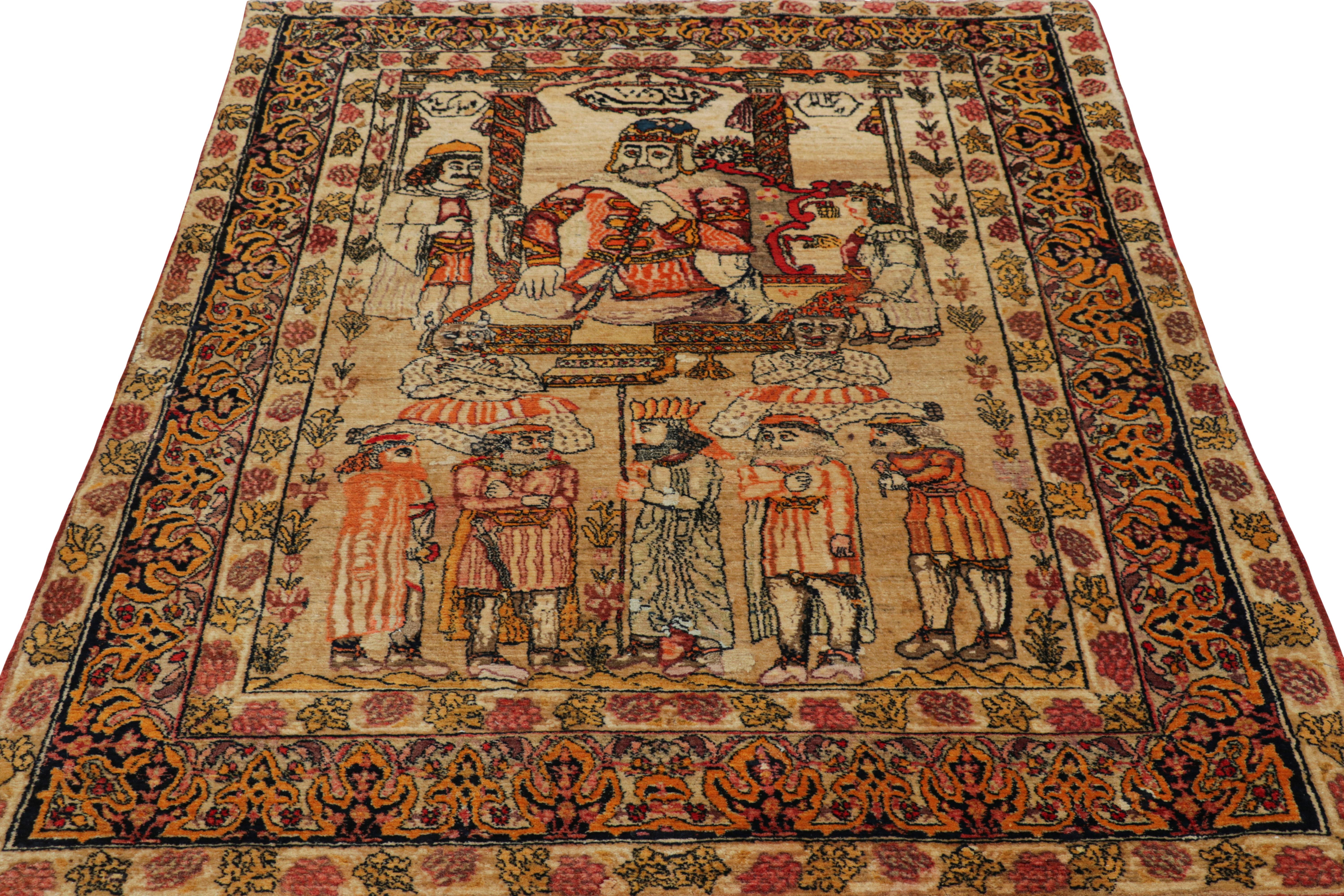 Antique Persian Malayer Rug in Beige with Pictorials and Florals - Rug & Kilim In Good Condition For Sale In Long Island City, NY