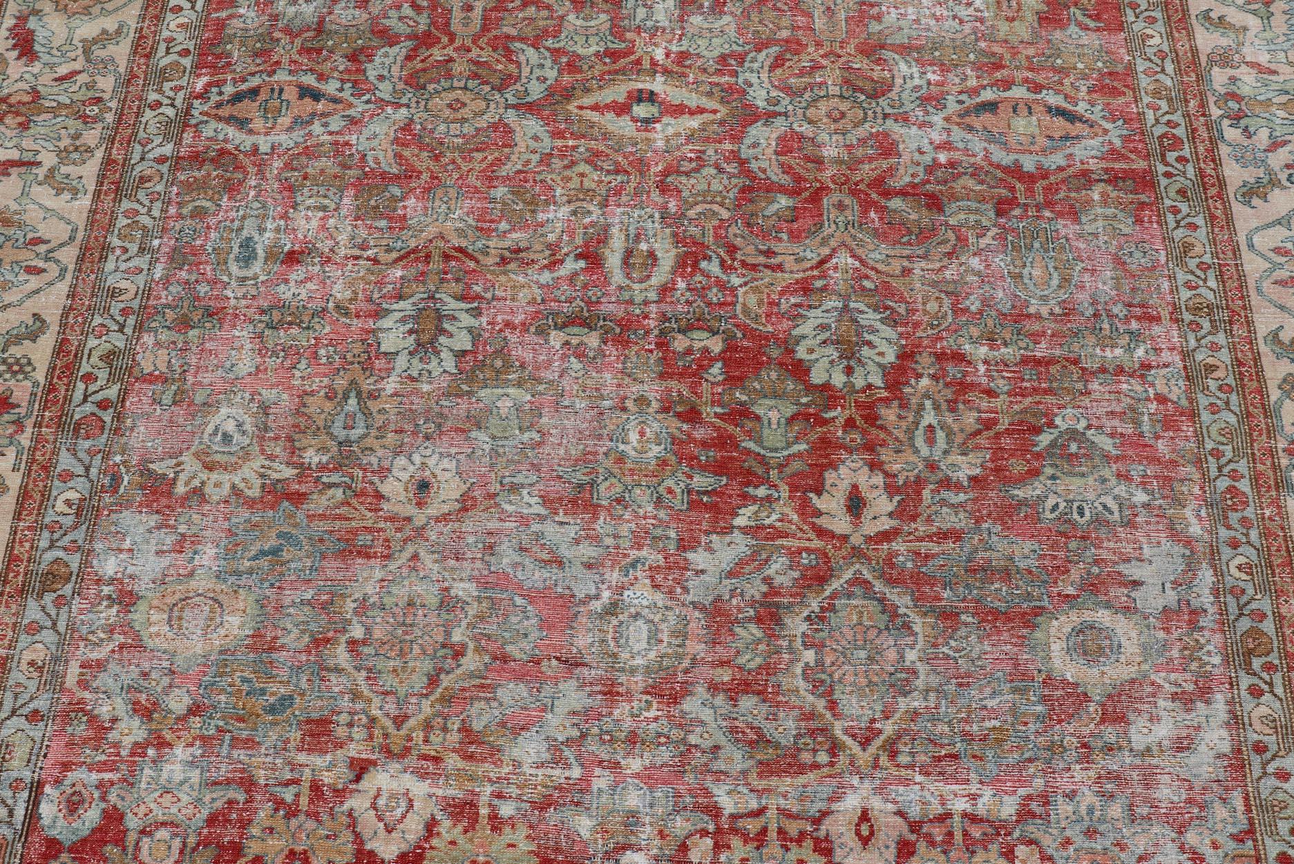 Tappeto antico persiano Malayer in color pesca, marrone, rosso tenue, blu e crema 9'8 x 16'5 in vendita 3