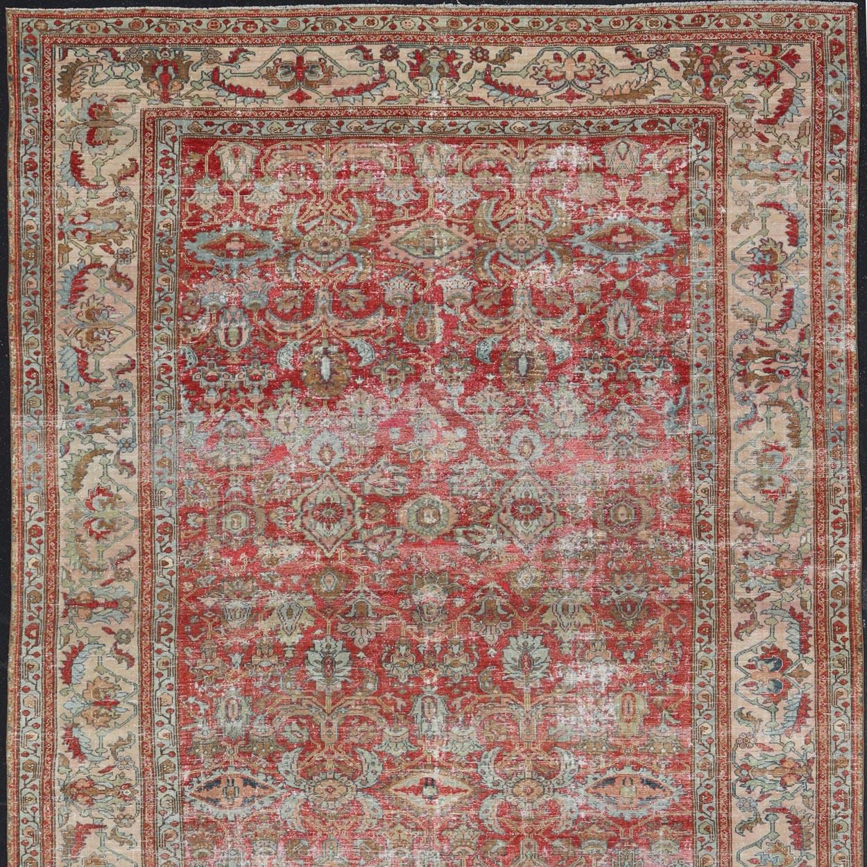 Tappeto antico persiano Malayer in color pesca, marrone, rosso tenue, blu e crema 9'8 x 16'5 in vendita 5