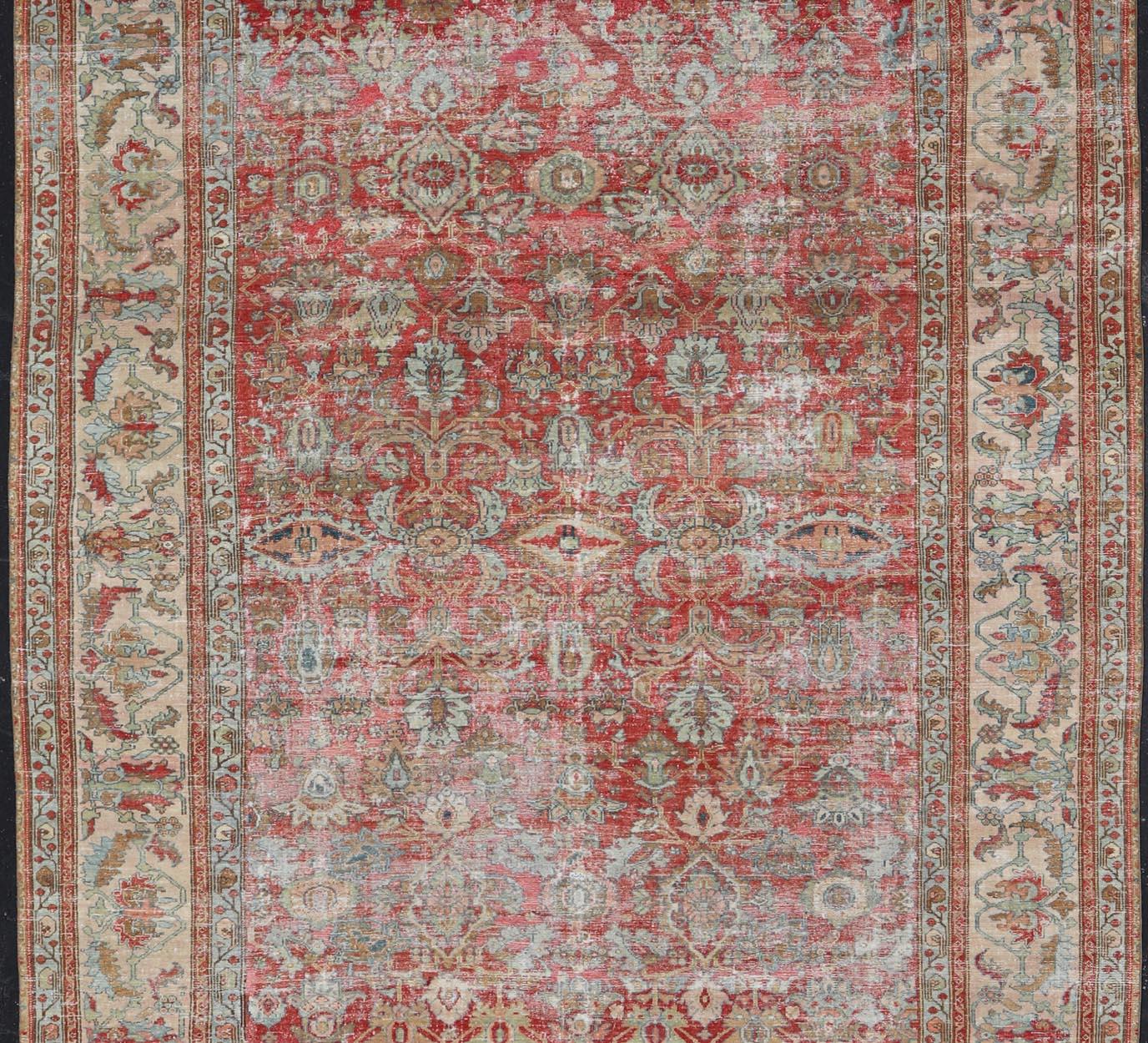 Tappeto antico persiano Malayer in color pesca, marrone, rosso tenue, blu e crema 9'8 x 16'5 in vendita 6