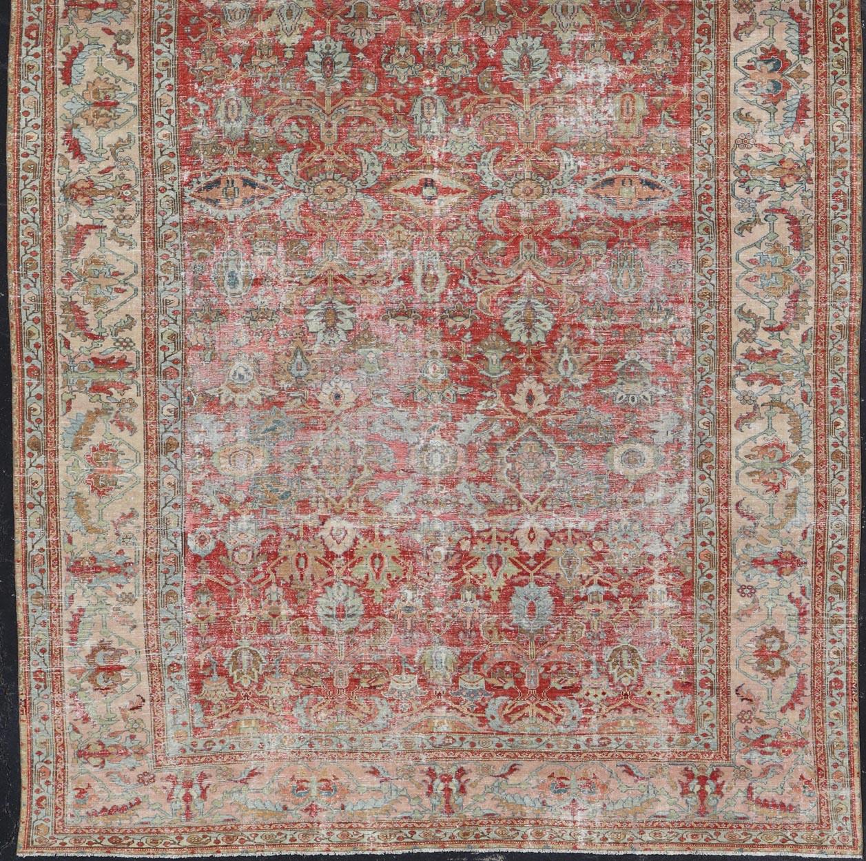 Tappeto antico persiano Malayer in color pesca, marrone, rosso tenue, blu e crema 9'8 x 16'5 in vendita 7