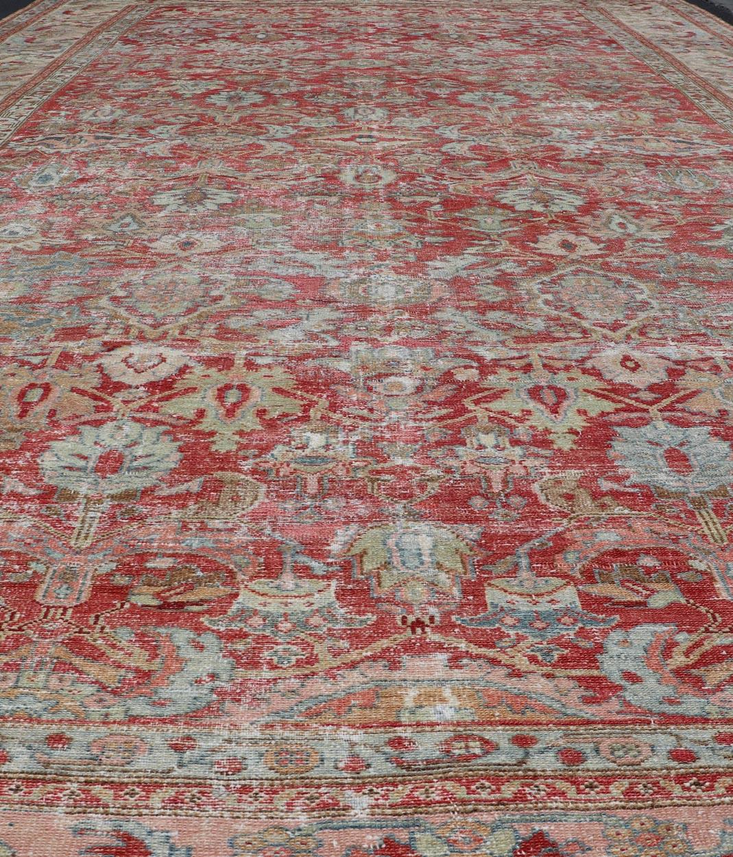 Annodato a mano Tappeto antico persiano Malayer in color pesca, marrone, rosso tenue, blu e crema 9'8 x 16'5 in vendita