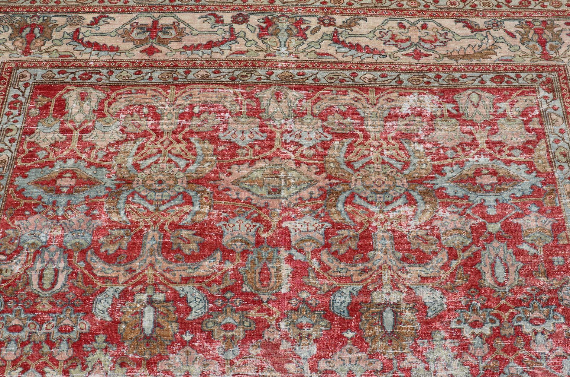 XX secolo Tappeto antico persiano Malayer in color pesca, marrone, rosso tenue, blu e crema 9'8 x 16'5 in vendita