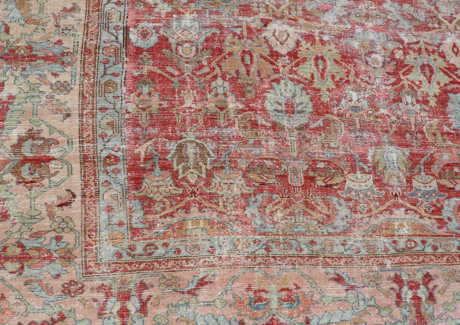 Tappeto antico persiano Malayer in color pesca, marrone, rosso tenue, blu e crema 9'8 x 16'5 in vendita 1