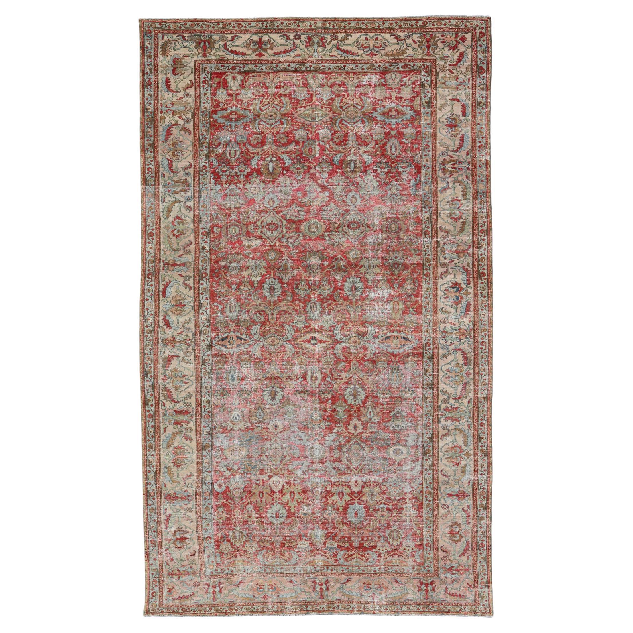 Tappeto antico persiano Malayer in color pesca, marrone, rosso tenue, blu e crema 9
8 x 16
5 in vendita