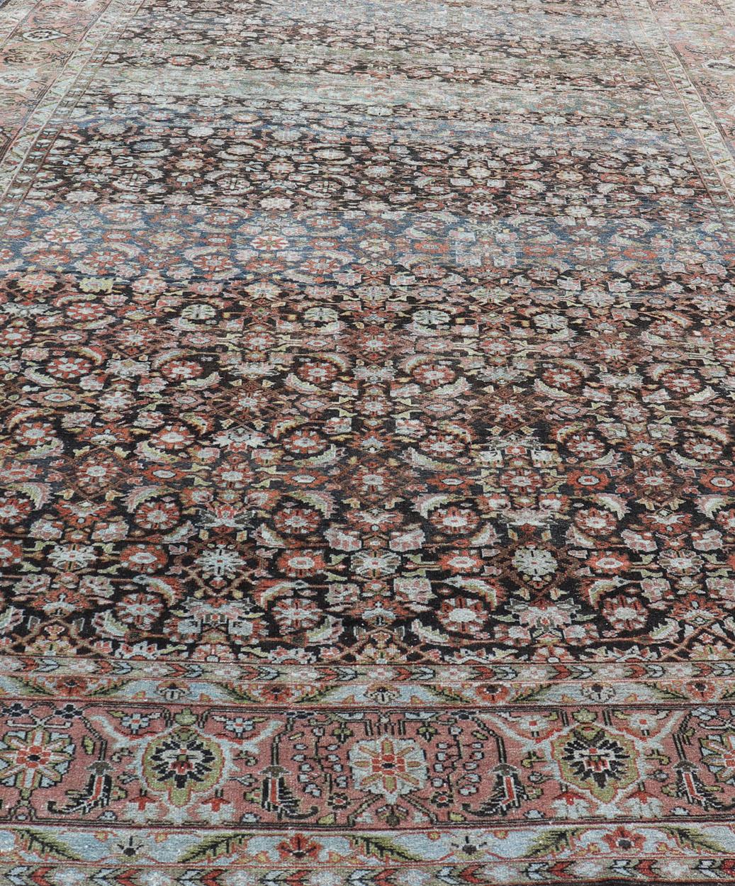 Antique Persian Malayer Rug in Variegated Charcoal, Brown, Green and Blue For Sale 6