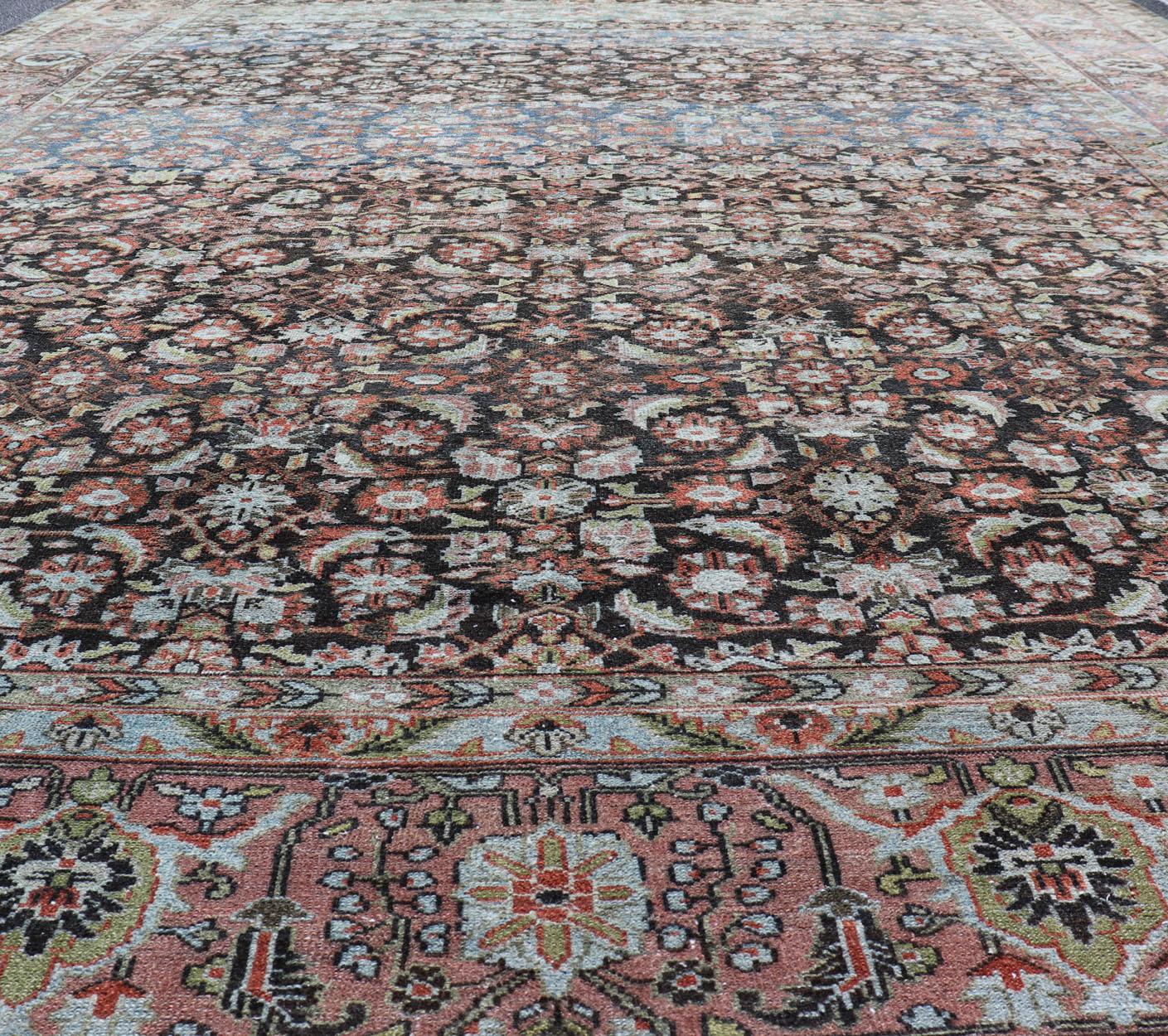 Antique Persian Malayer Rug in Variegated Charcoal, Brown, Green and Blue For Sale 7
