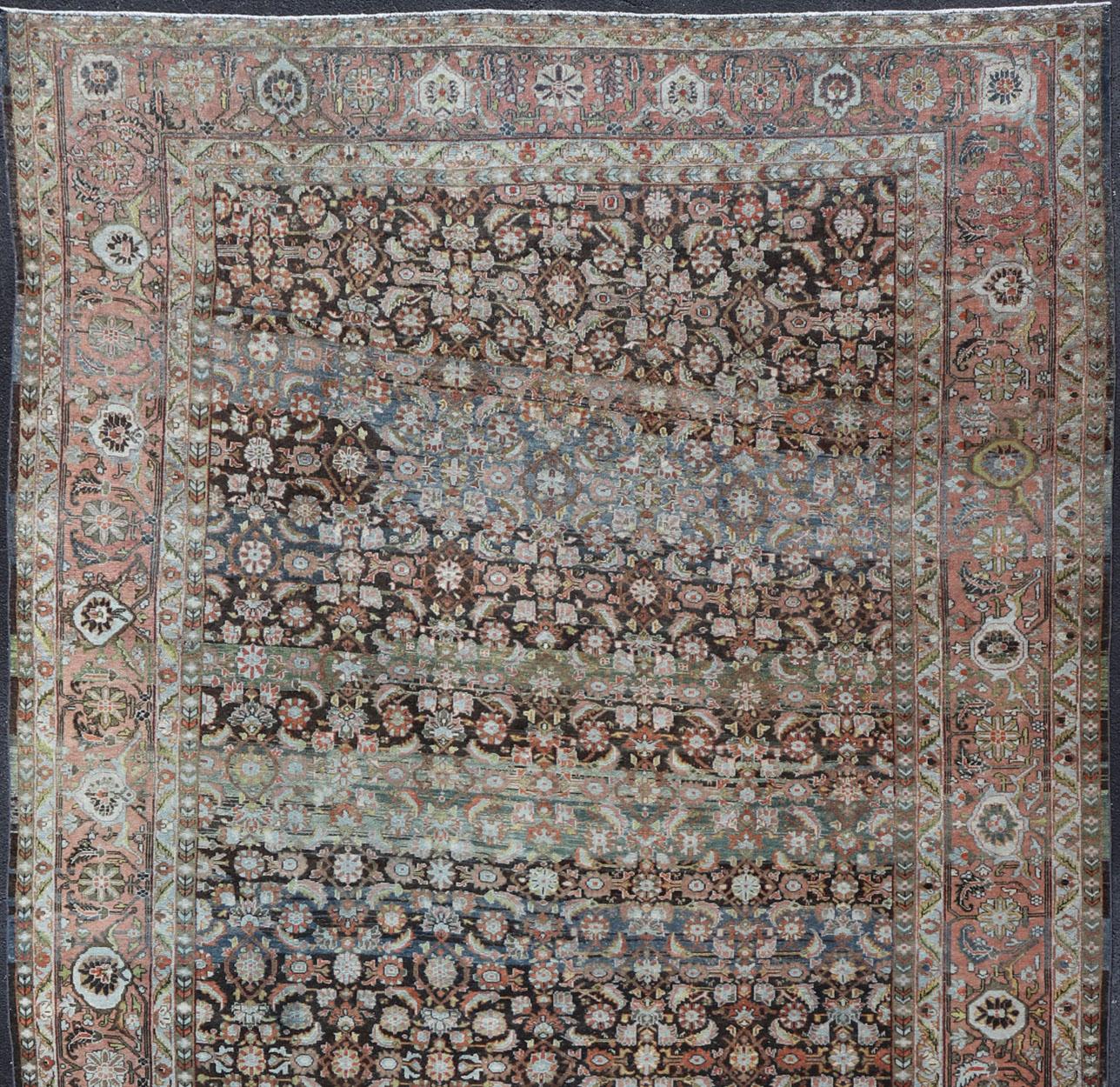 Sultanabad Antique Persian Malayer Rug in Variegated Charcoal, Brown, Green and Blue For Sale