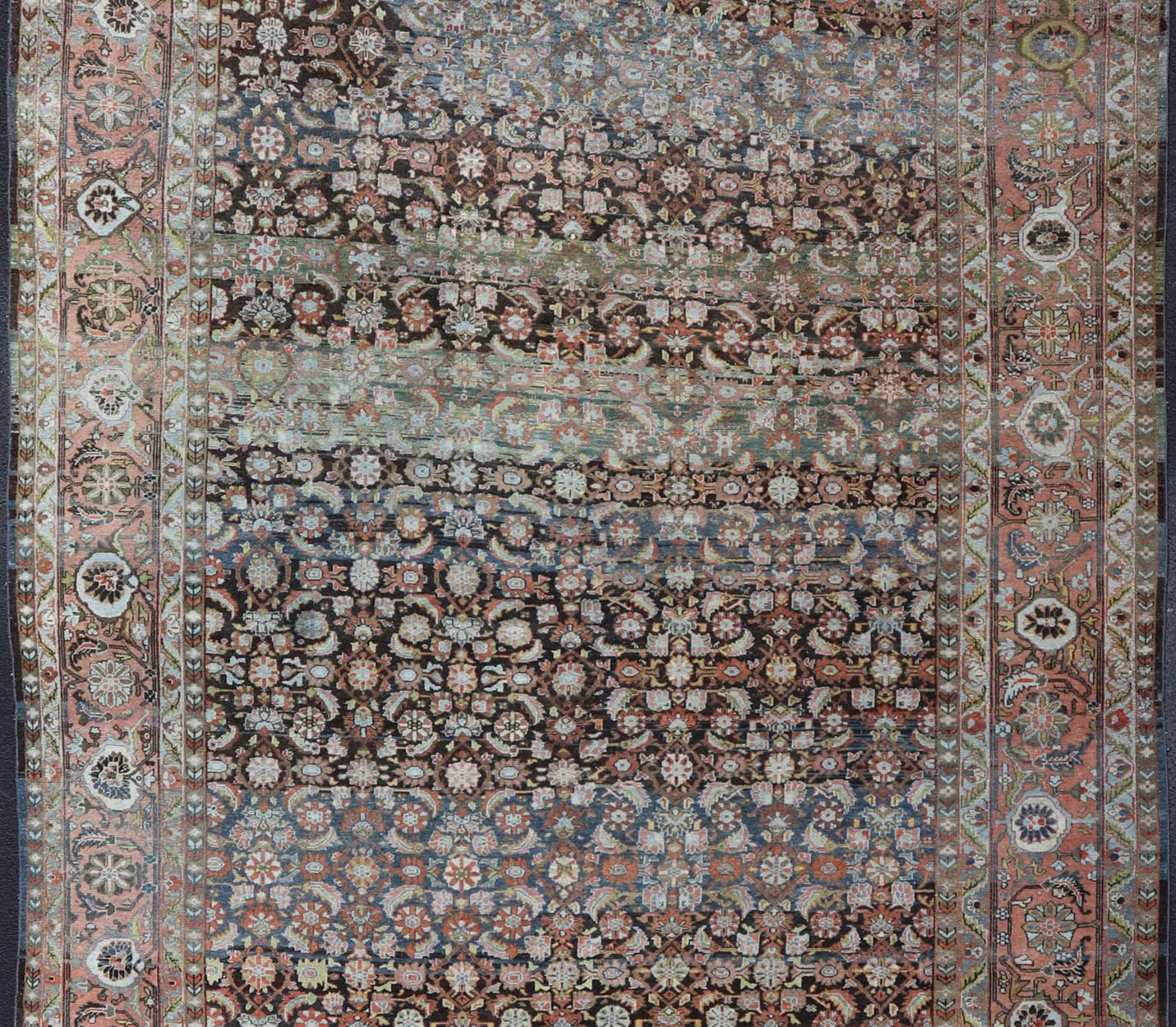 Hand-Knotted Antique Persian Malayer Rug in Variegated Charcoal, Brown, Green and Blue For Sale