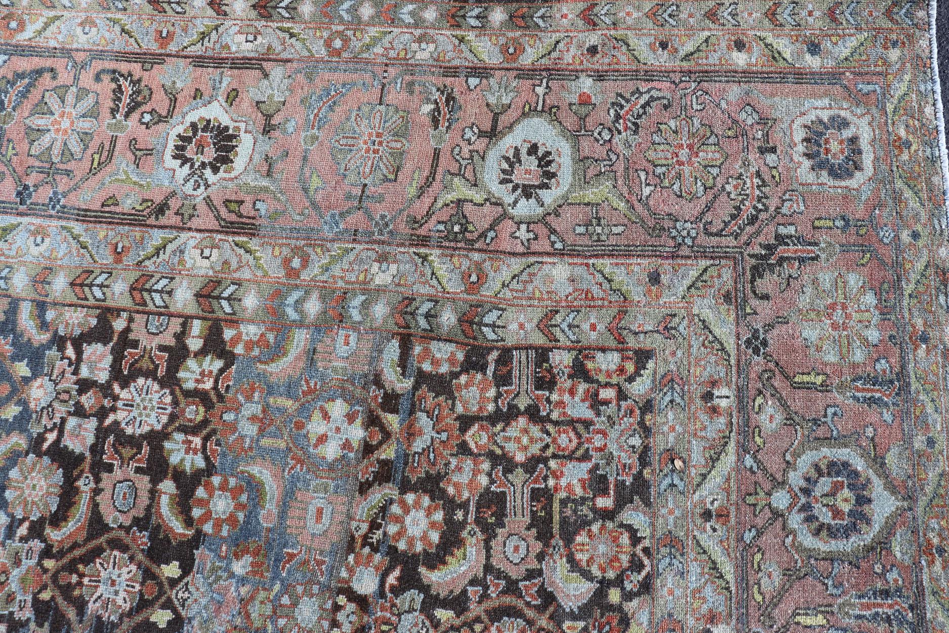 20th Century Antique Persian Malayer Rug in Variegated Charcoal, Brown, Green and Blue For Sale