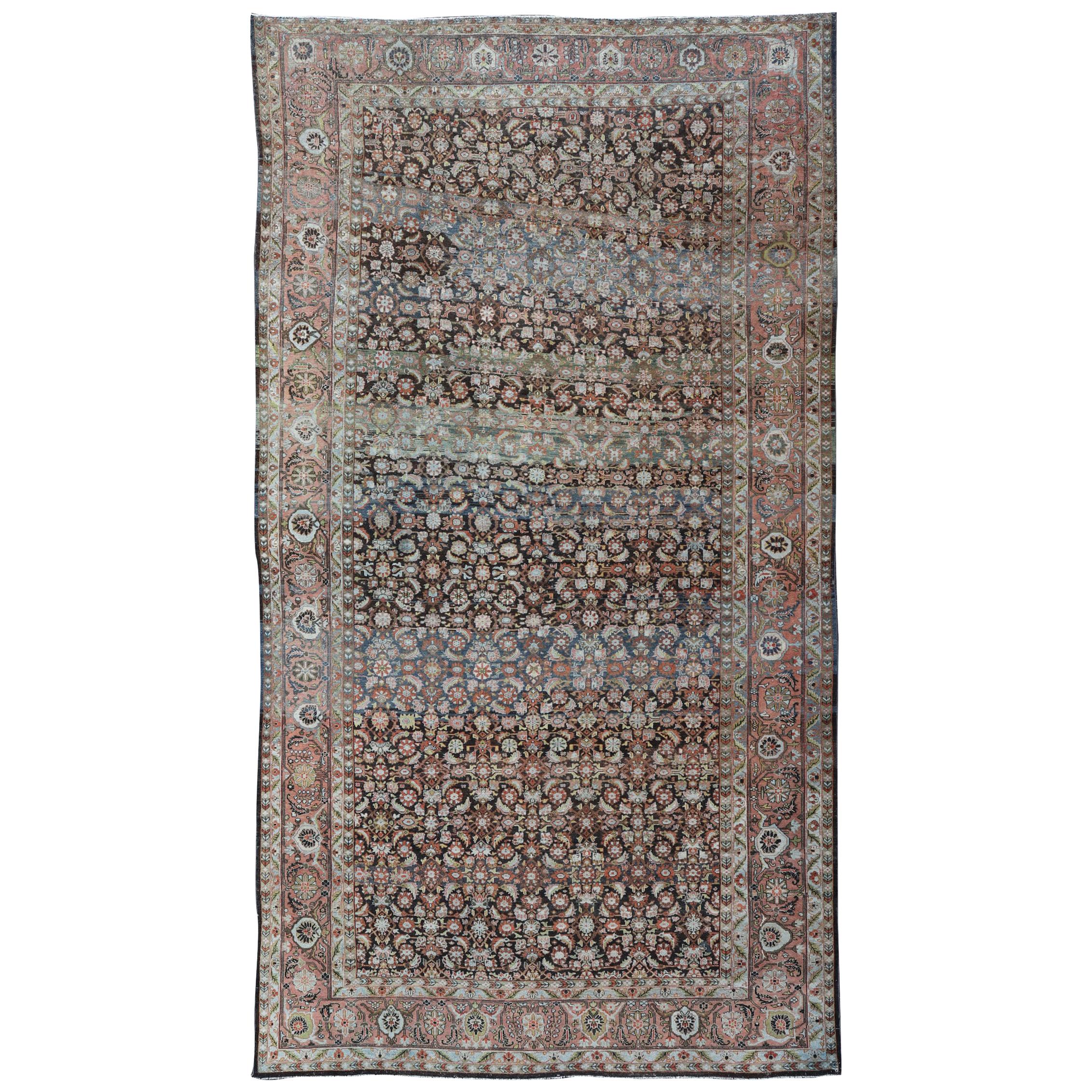 Antique Persian Malayer Rug in Variegated Charcoal, Brown, Green and Blue