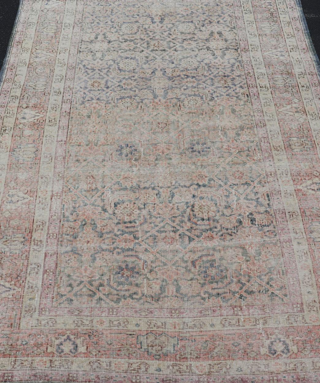 Measures: 5'1 x 7'8.
Antique Persian Malayer rug with all-over design. Keivan Woven Arts / rug EN-178464, country of origin / type: Iran / Hamadan, circa 1920

 early 20th century antique Persian Malayer rug in variegated tan, blue-gray, soft pink