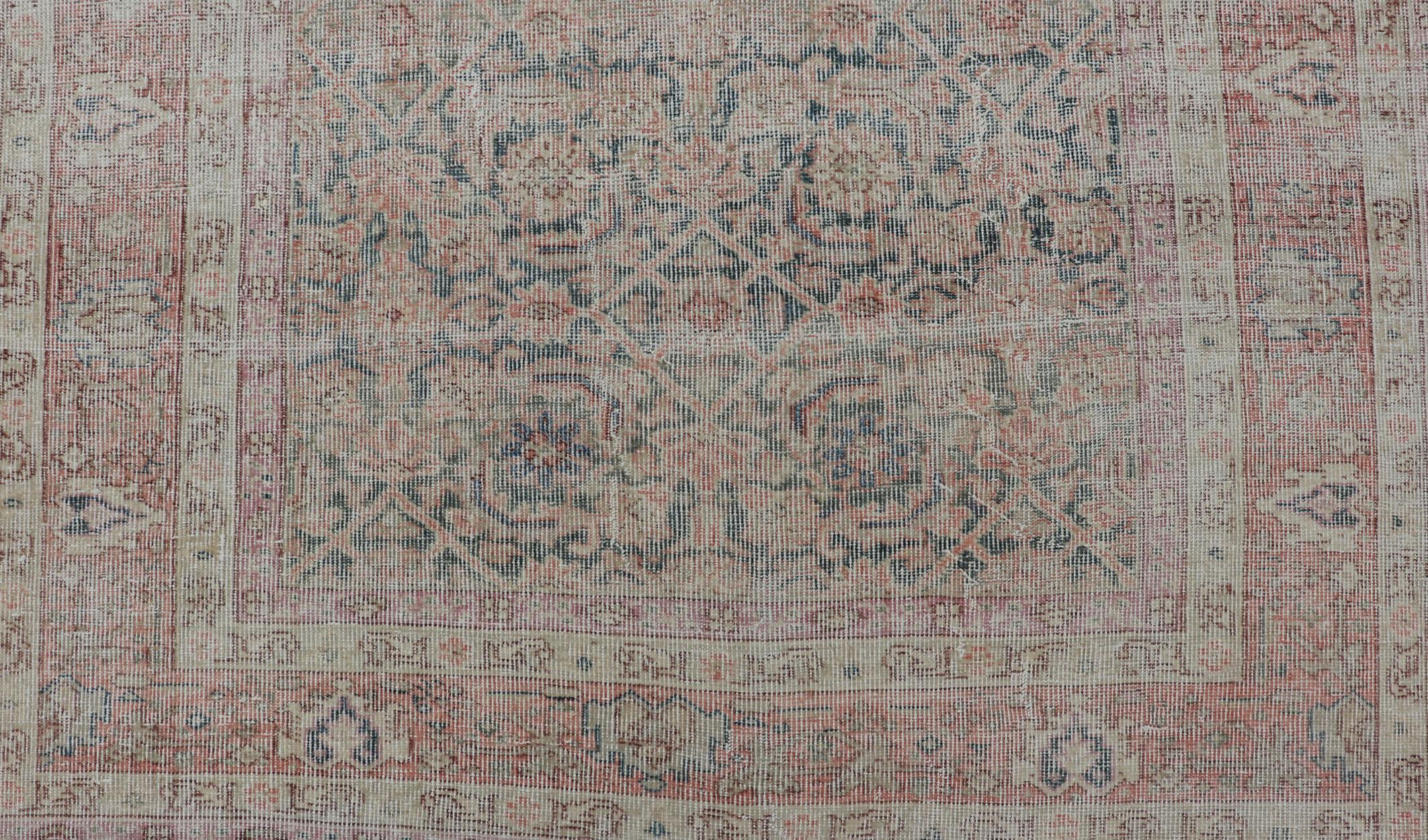 Wool Antique Persian Malayer Rug in Variegated Gray-Blue, Cream and Soft Pink For Sale