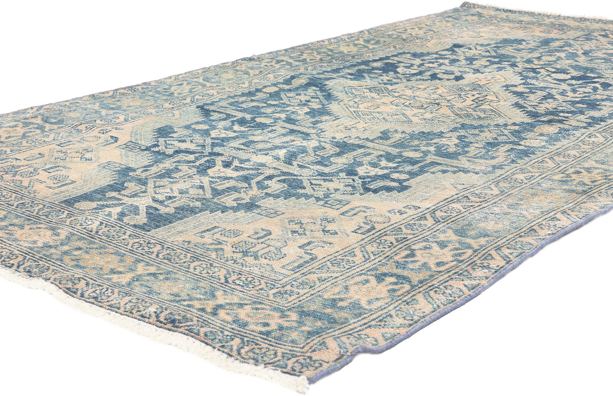 61263 Distressed Antique Persian Malayer Rug, 03'11 x 07'03.
​Modern masculine meets subtle sophistication in this hand knotted wool distressed antique Persian Malayer rug.

Rendered in variegated shades of Aegean blue, beige, cerulean, tan,