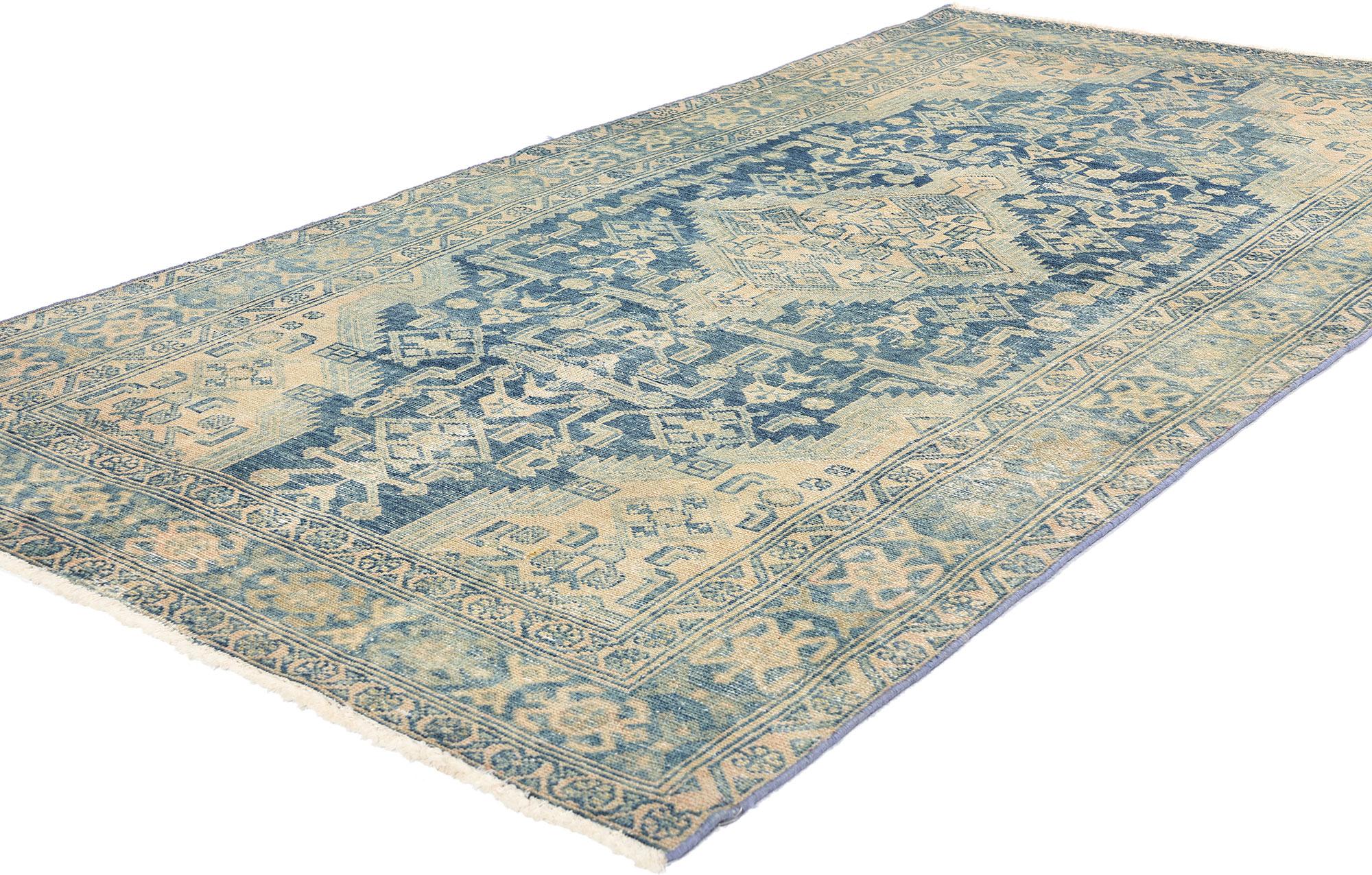 61263 Distressed Antique Persian Malayer Rug, 03'11 x 07'03. Antique-washed Persian Malayer rugs are vintage rugs from the Malayer region in western Iran that have undergone a washing process to achieve a distressed or faded appearance, giving them