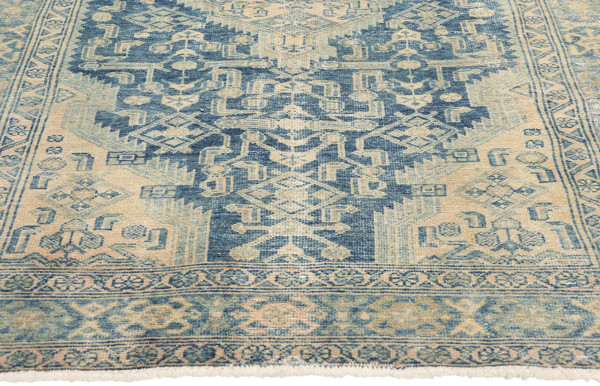 Antique Blue Persian Malayer Carpet In Distressed Condition For Sale In Dallas, TX