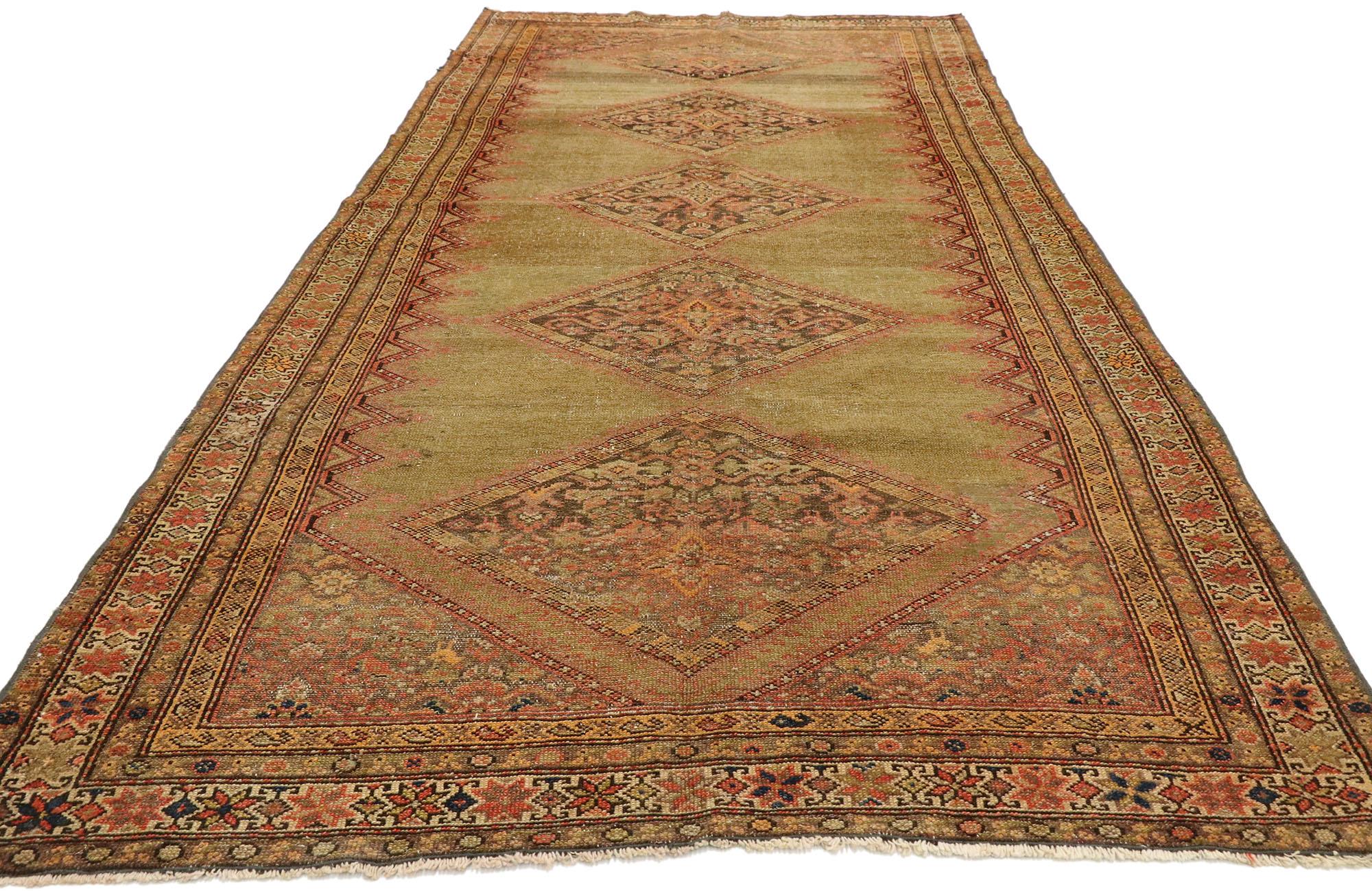 Hand-Knotted Antique Persian Malayer Rug Runner with Rustic Mediterranean Style For Sale