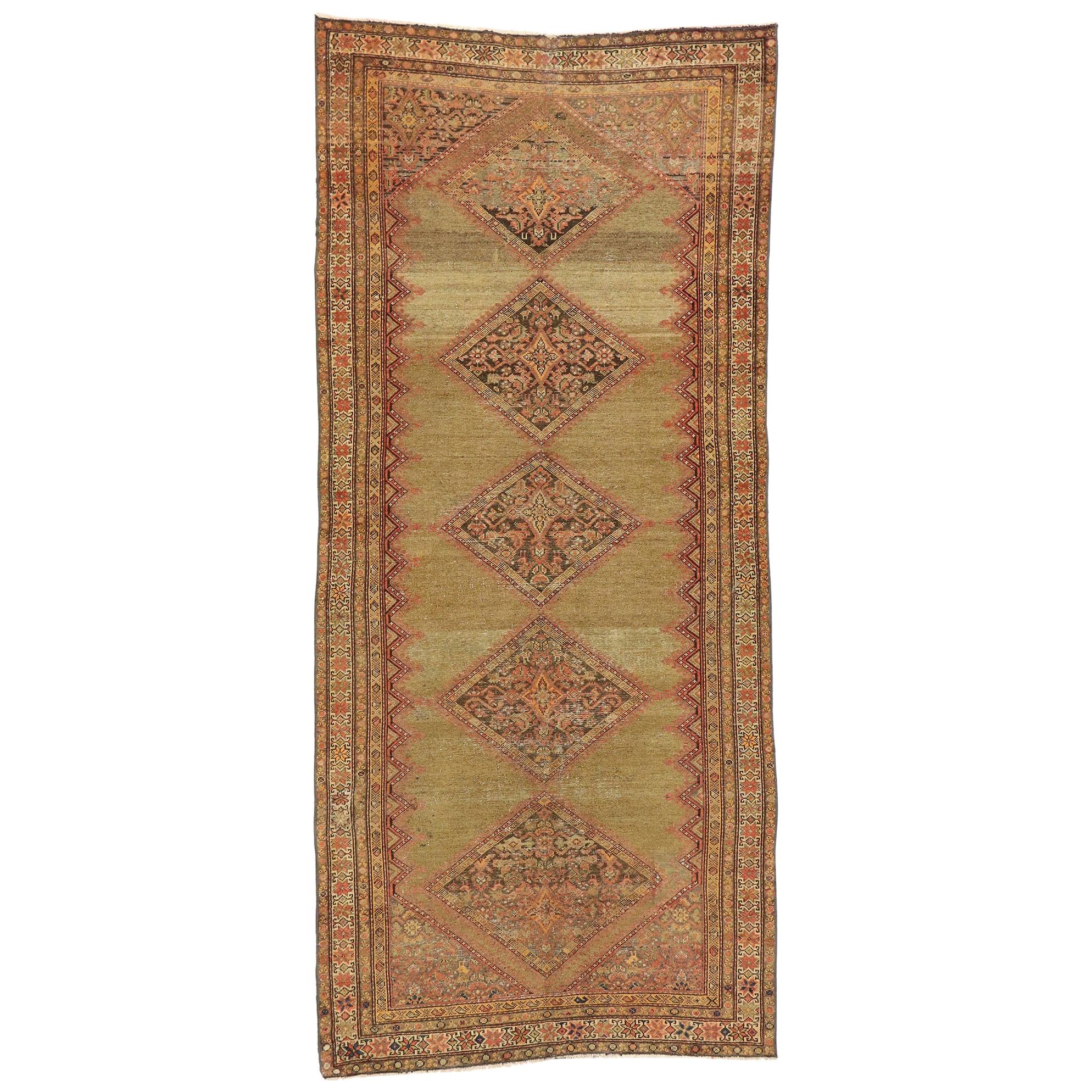 Antique Persian Malayer Rug Runner with Rustic Mediterranean Style For Sale