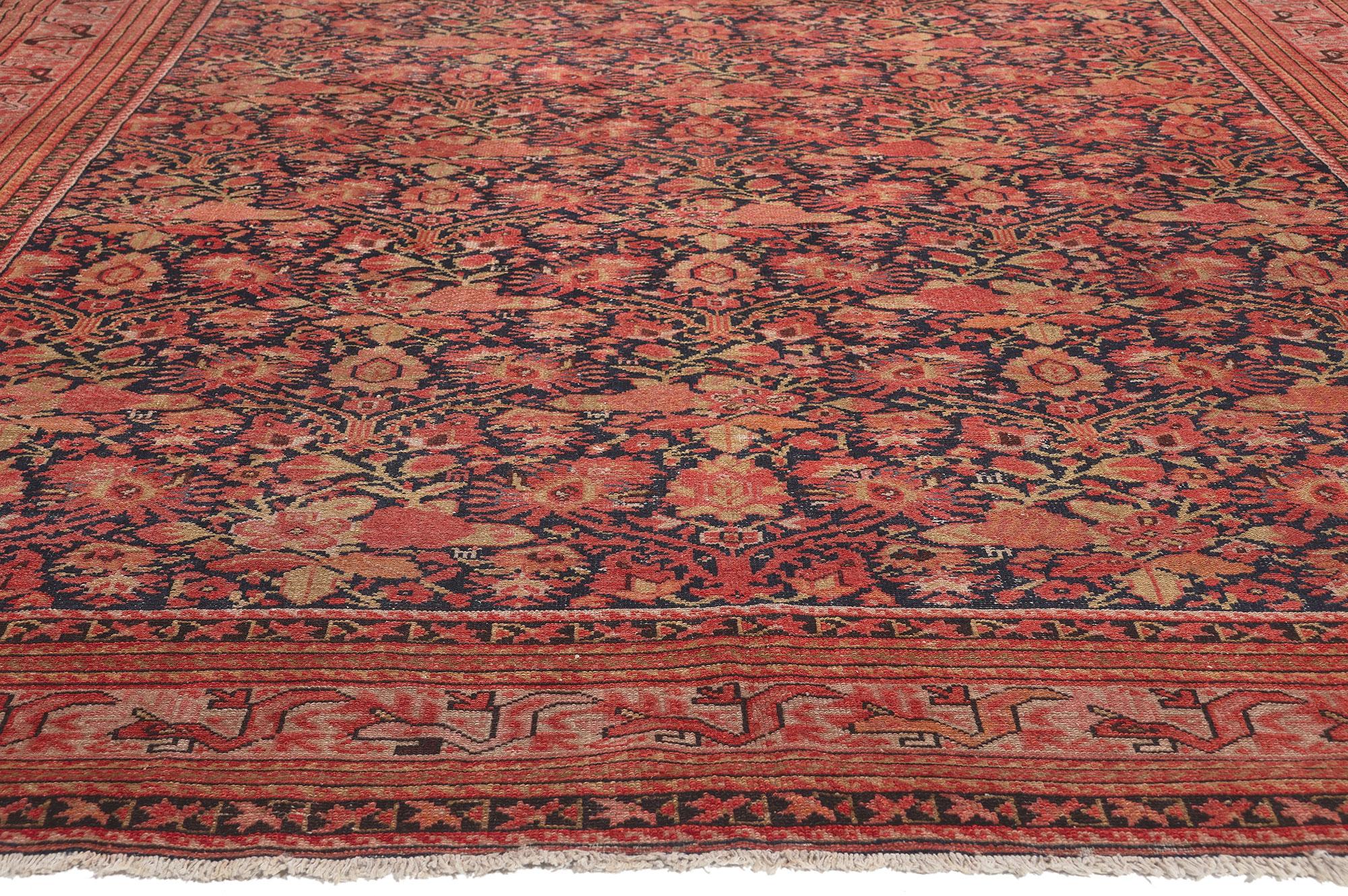 Antique Persian Malayer Rug  Rustic Elegance Meets Timeless Style In Distressed Condition For Sale In Dallas, TX