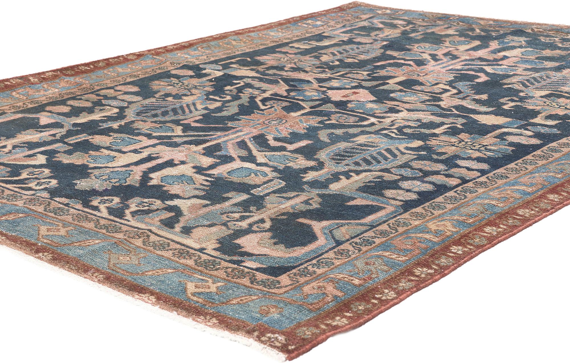 61277 Antique Persian Malayer Rug, 04'05 x 06'05. Experience the exquisite harmony where sophisticated elegance meets rustic sensibility in this hand-knotted wool distressed antique Persian Malayer rug. An allover geometric pattern adorned with