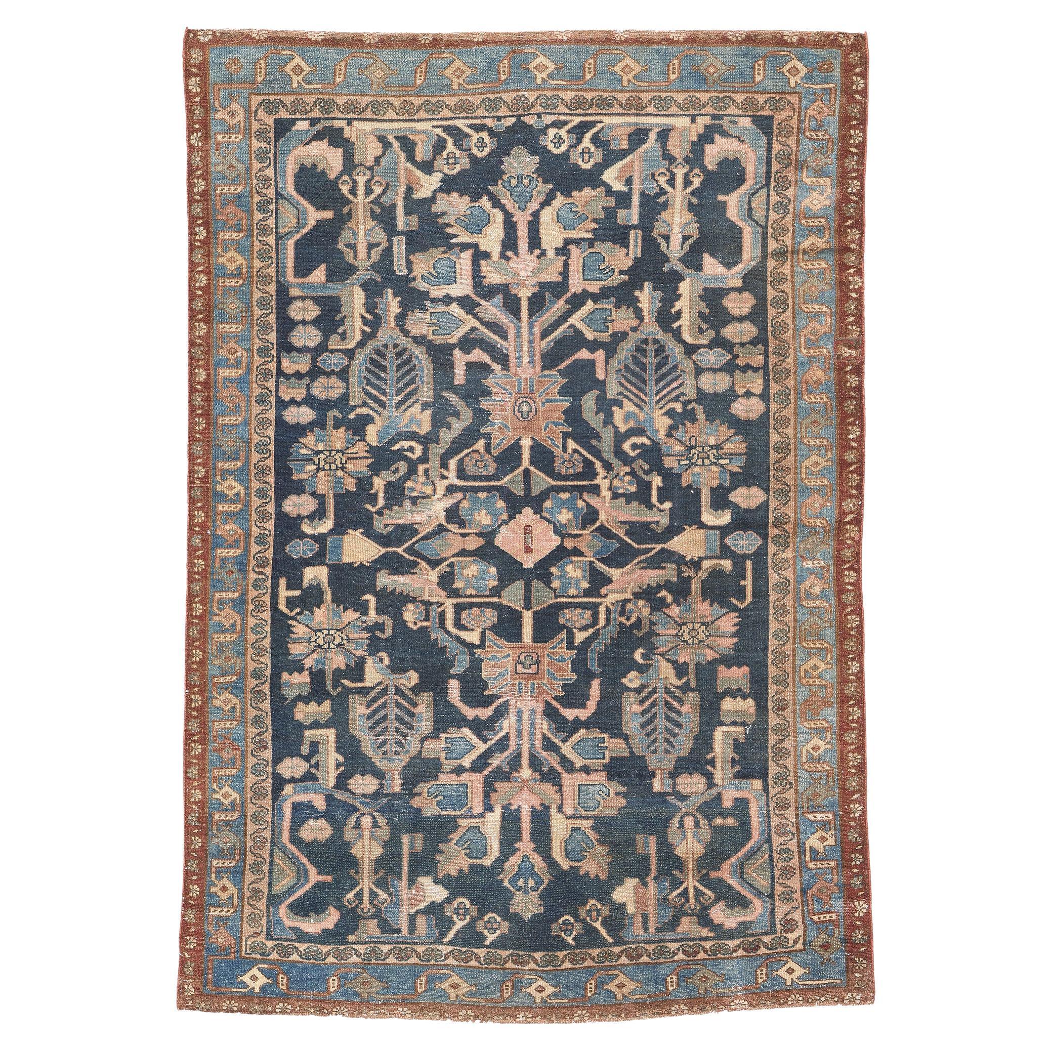 Antique Persian Malayer Rug, Sophisticated Elegance Meets Rustic Sensibility For Sale