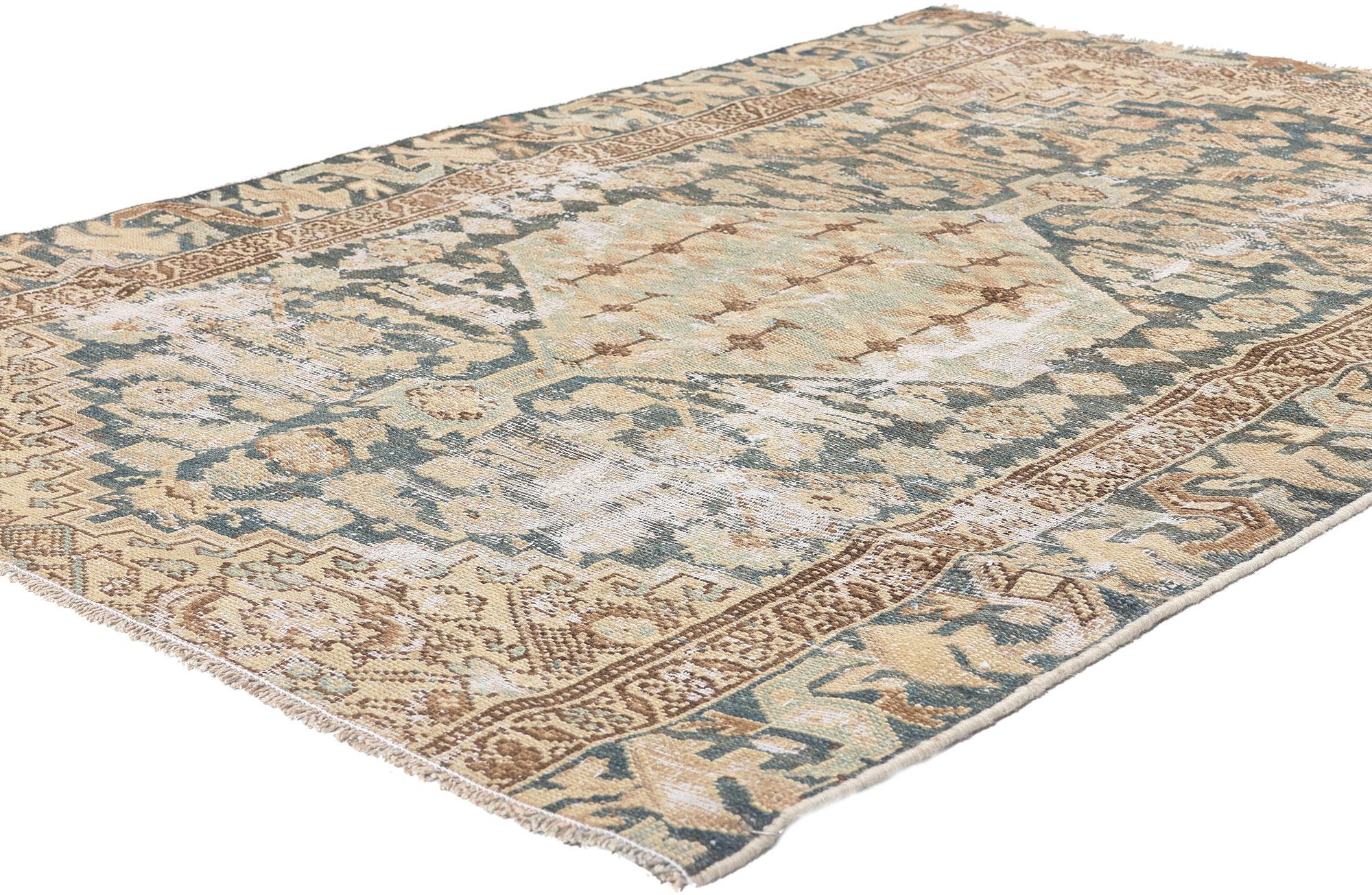 61264 Distressed Antique Persian Malayer Rug, 03'09 x 05'06. Step into the allure of tradition with this Malayer rug, a testament to the rustic charm of Persian craftsmanship originating from Malayer, Iran. Renowned for their enduring quality and