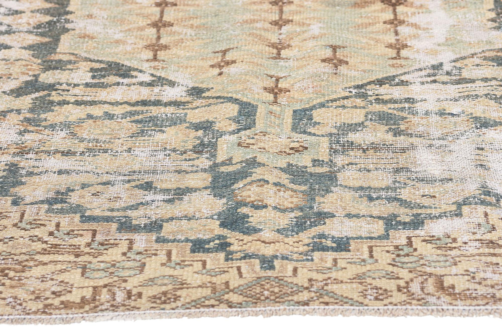 Antique Persian Malayer Rug, Weathered Finesse Meets Earth-Tone Elegance In Distressed Condition For Sale In Dallas, TX