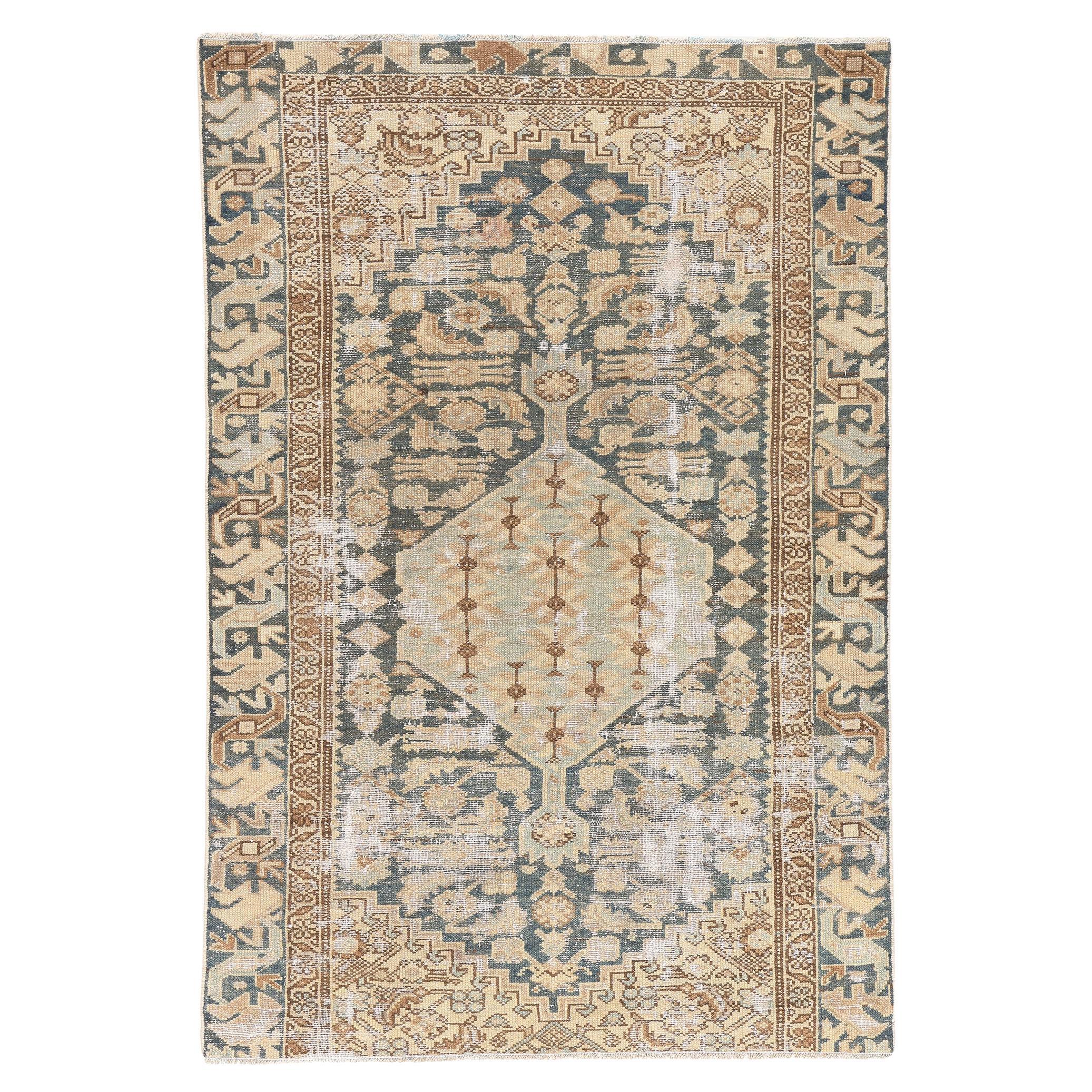 Antique Persian Malayer Rug, Weathered Finesse Meets Earth-Tone Elegance For Sale
