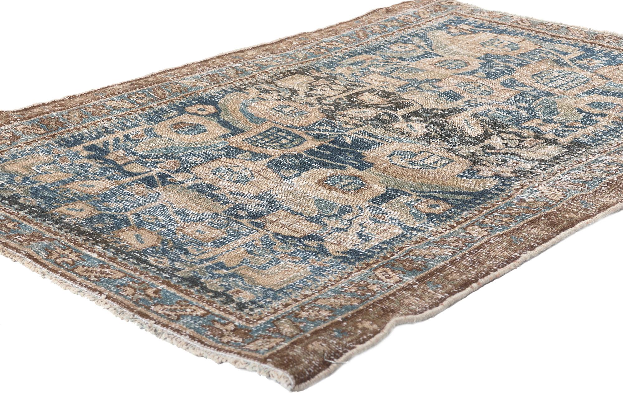 61276 Antique-Worn Persian Hamadan Rug, 02'07 x 03'09.
​Weathered finesse meets natural elegance in this hand knotted wool distressed antique-worn Persian Hamadan rug.

Rendered in variegated shades of Aegean blue, tan, brown, cerulean, sand,