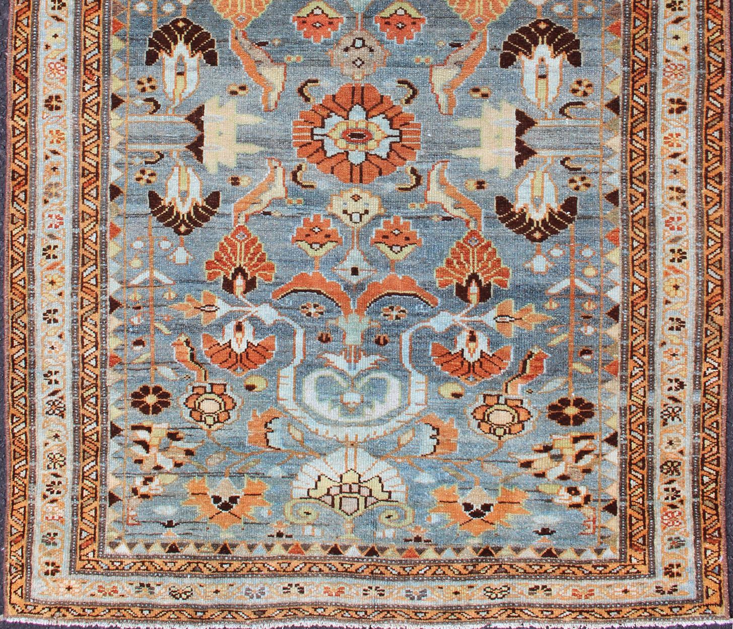 Hand-Knotted Antique Persian Malayer Rug with a Blue Field and Stylized Floral Design For Sale
