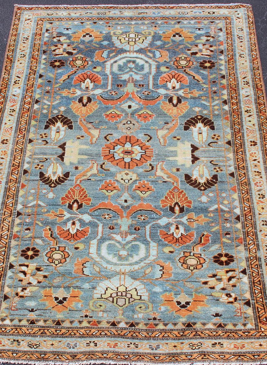 Antique Persian Malayer Rug with a Blue Field and Stylized Floral Design For Sale 1