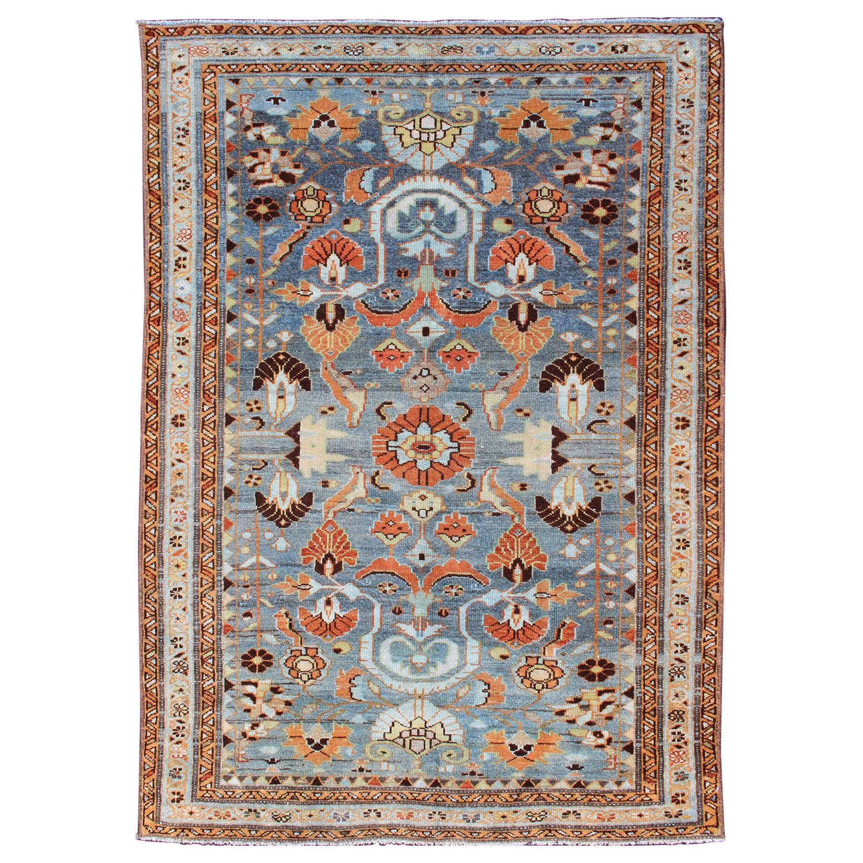 Antique Persian Malayer Rug with a Blue Field and Stylized Floral Design For Sale