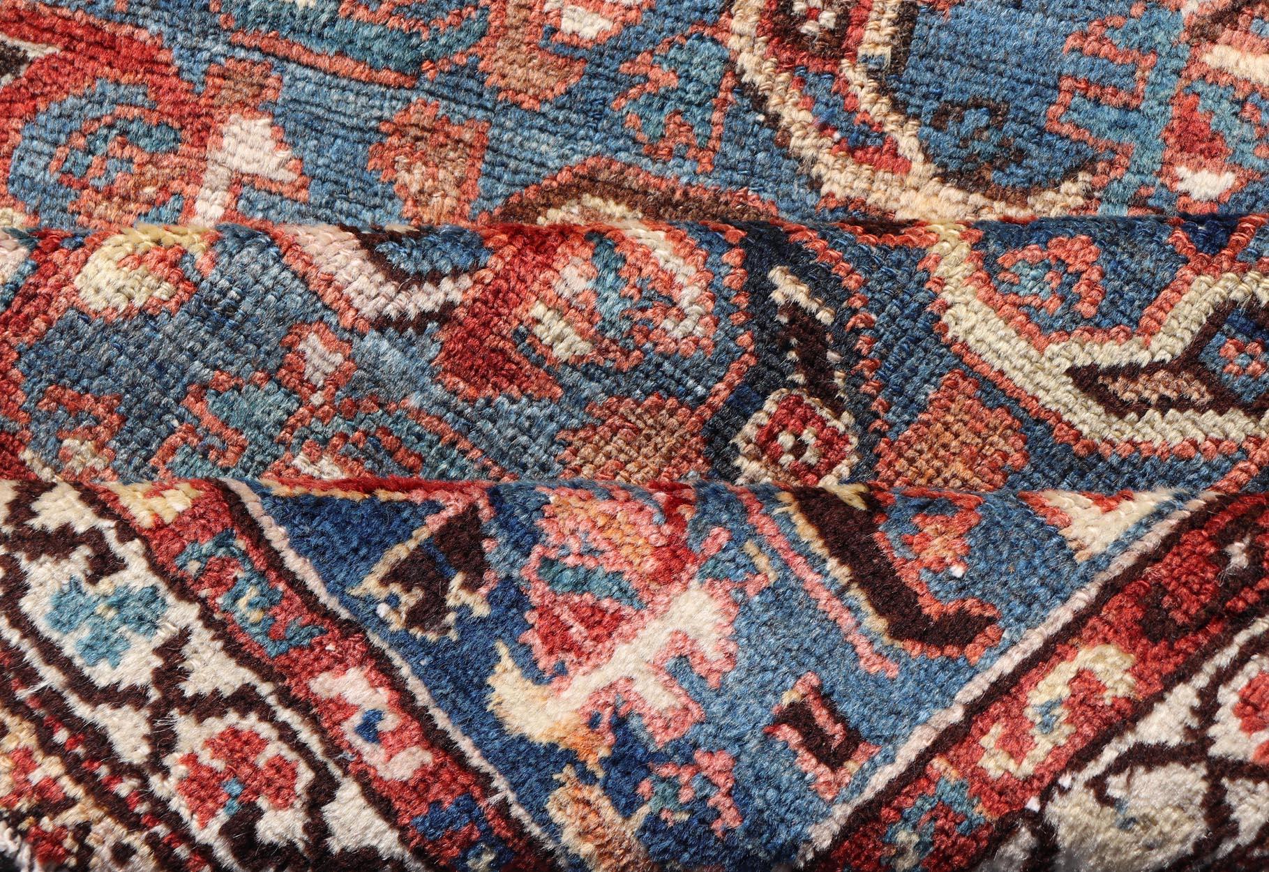Antique Persian Malayer Rug with a Blue Field and Stylized Tribal Design For Sale 4