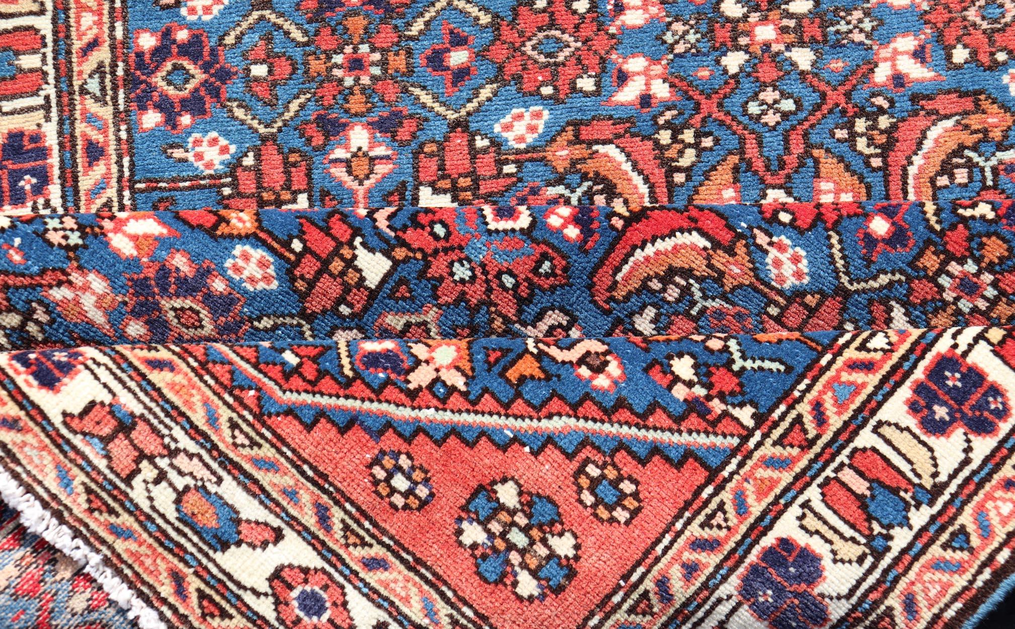 Antique Persian Malayer Rug with a Blue Field and Stylized Tribal Design For Sale 4