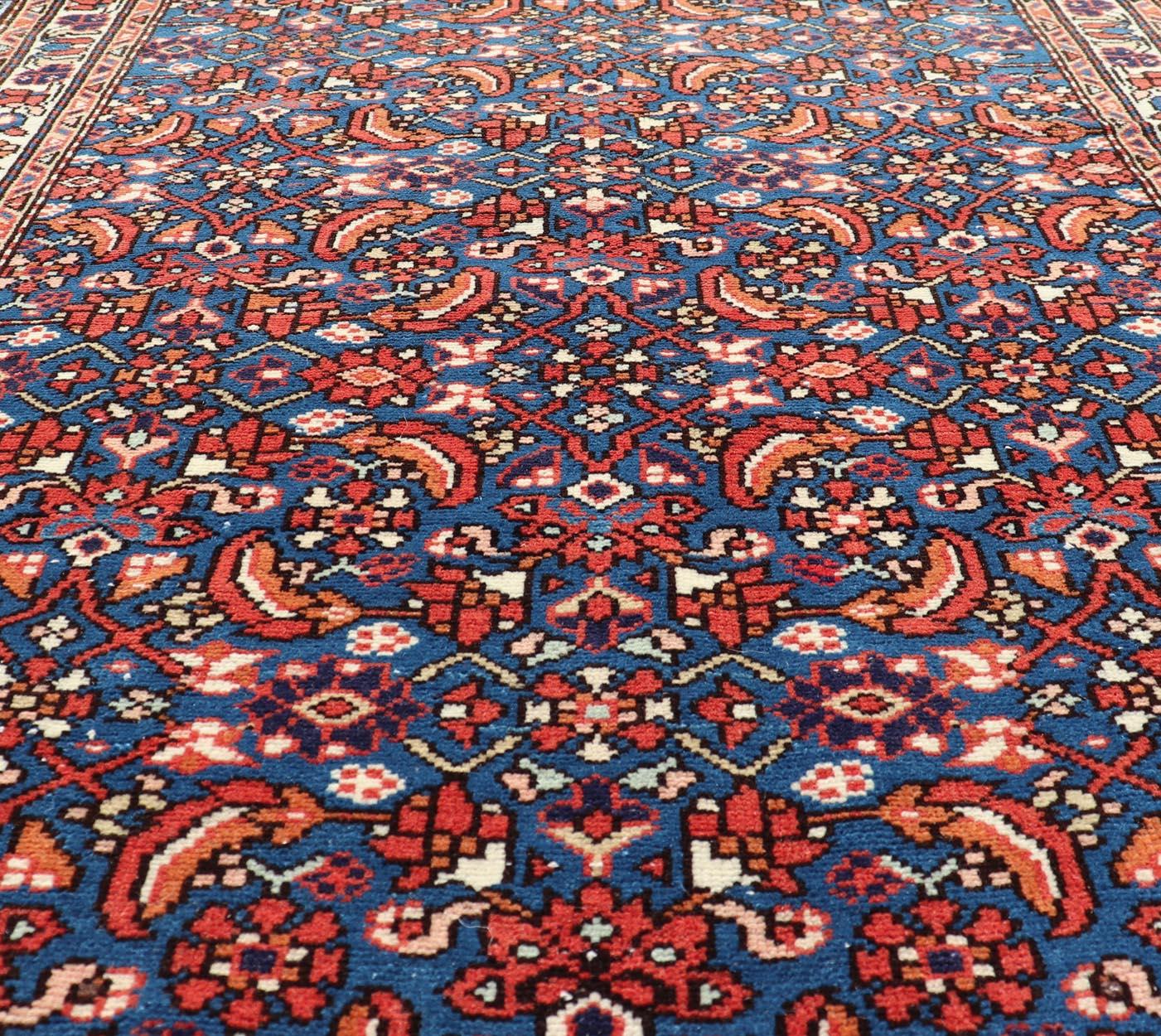 Hand-Knotted Antique Persian Malayer Rug with a Blue Field and Stylized Tribal Design For Sale