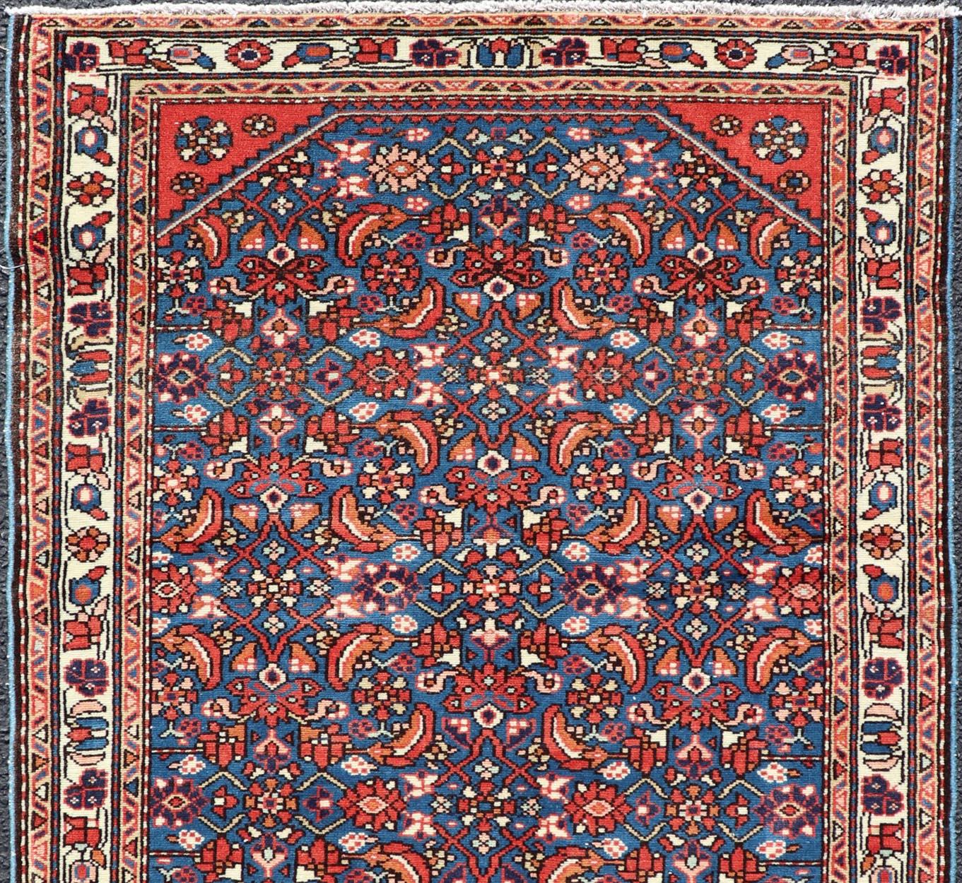 Wool Antique Persian Malayer Rug with a Blue Field and Stylized Tribal Design For Sale