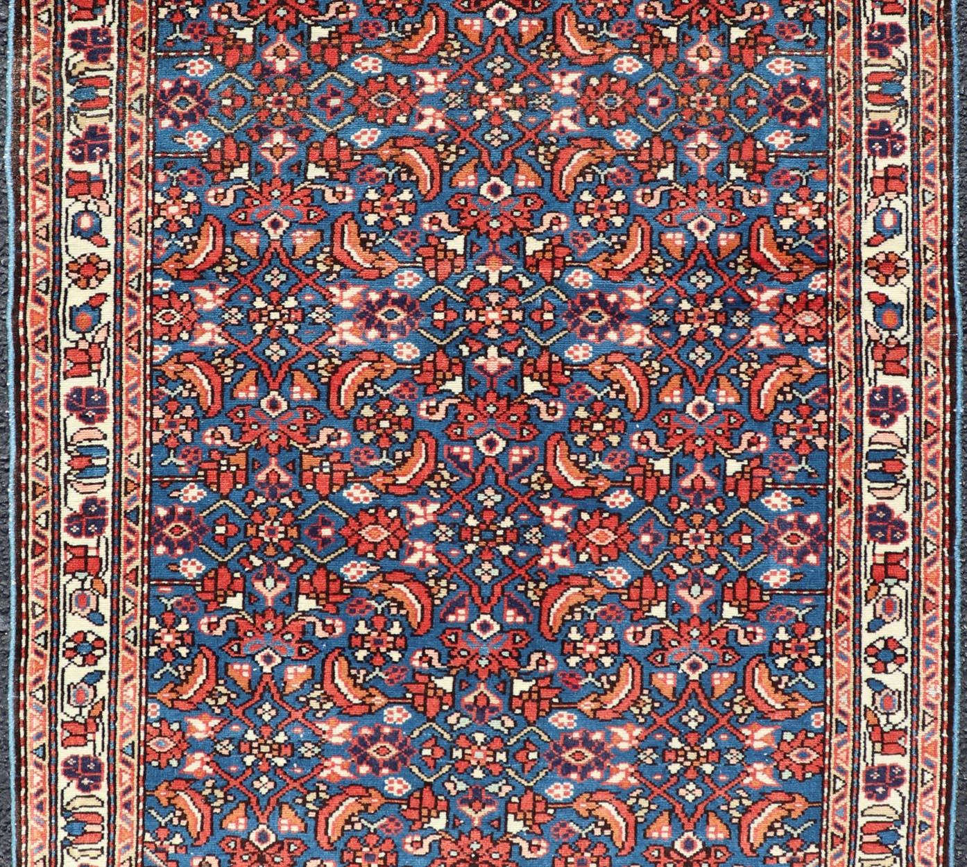 Antique Persian Malayer Rug with a Blue Field and Stylized Tribal Design For Sale 1