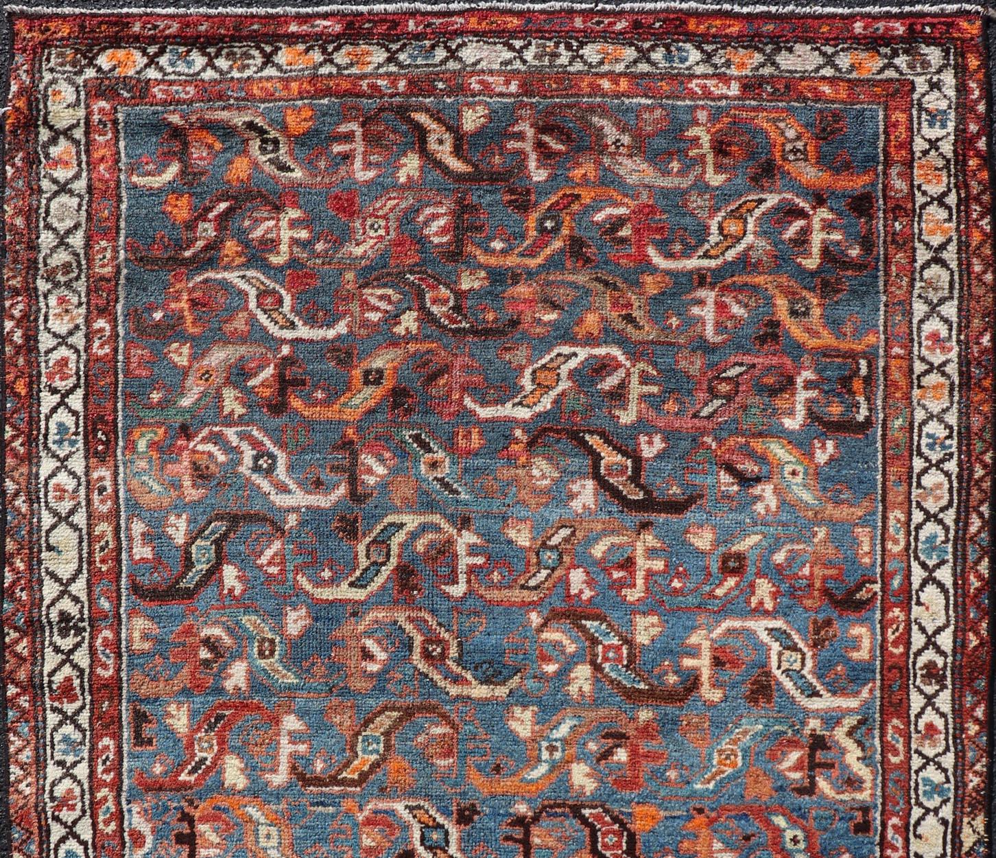 Antique Persian Malayer Rug with a Blue Field and Stylized Tribal Design For Sale 2