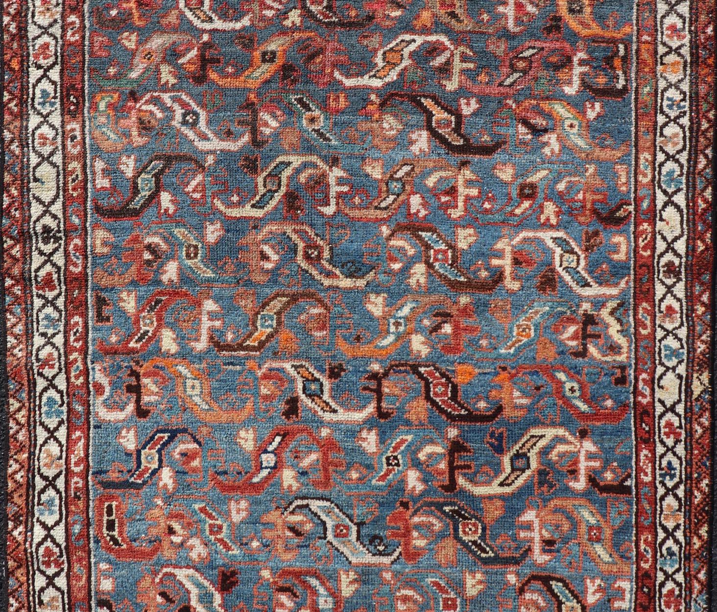 Antique Persian Malayer Rug with a Blue Field and Stylized Tribal Design For Sale 3