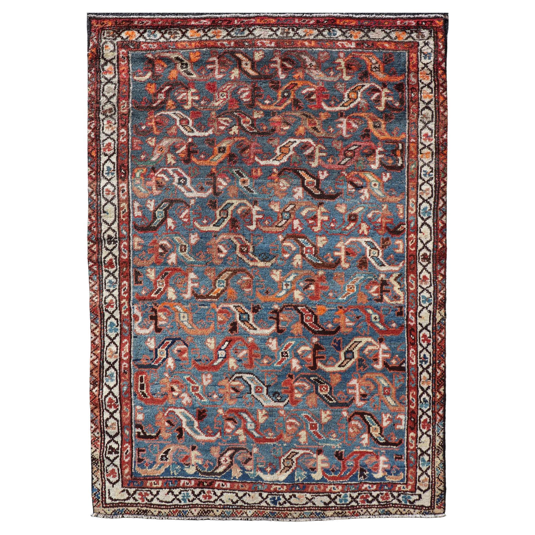 Antique Persian Malayer Rug with a Blue Field and Stylized Tribal Design