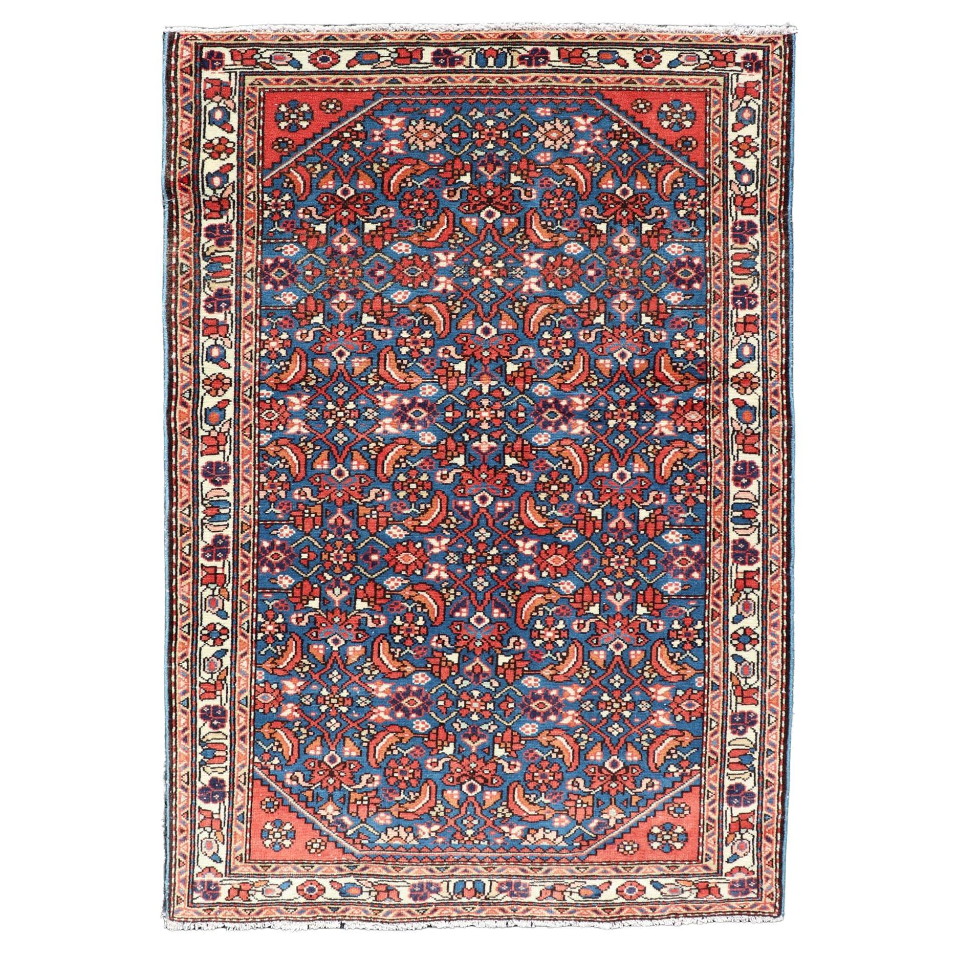 Antique Persian Malayer Rug with a Blue Field and Stylized Tribal Design For Sale