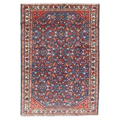 Antique Persian Malayer Rug with a Blue Field and Stylized Tribal Design