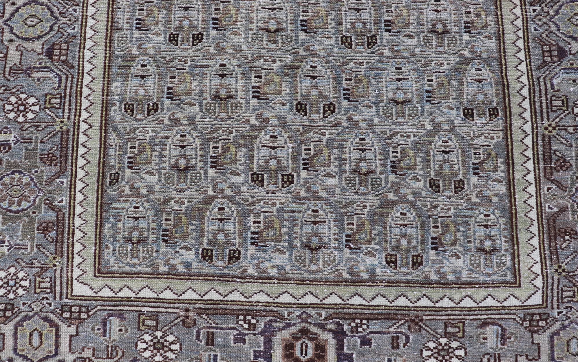 Perse Tapis ancien persan Malayer à motifs géométriques 4'1 x 7'2 en vente