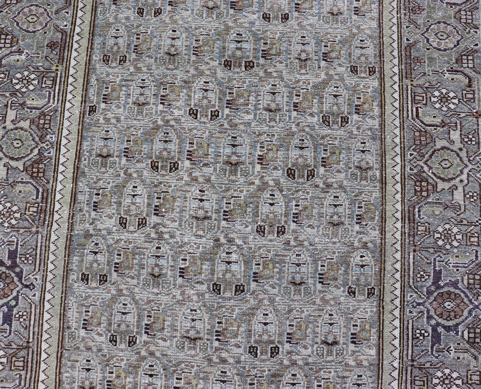 Noué à la main Tapis ancien persan Malayer à motifs géométriques 4'1 x 7'2 en vente