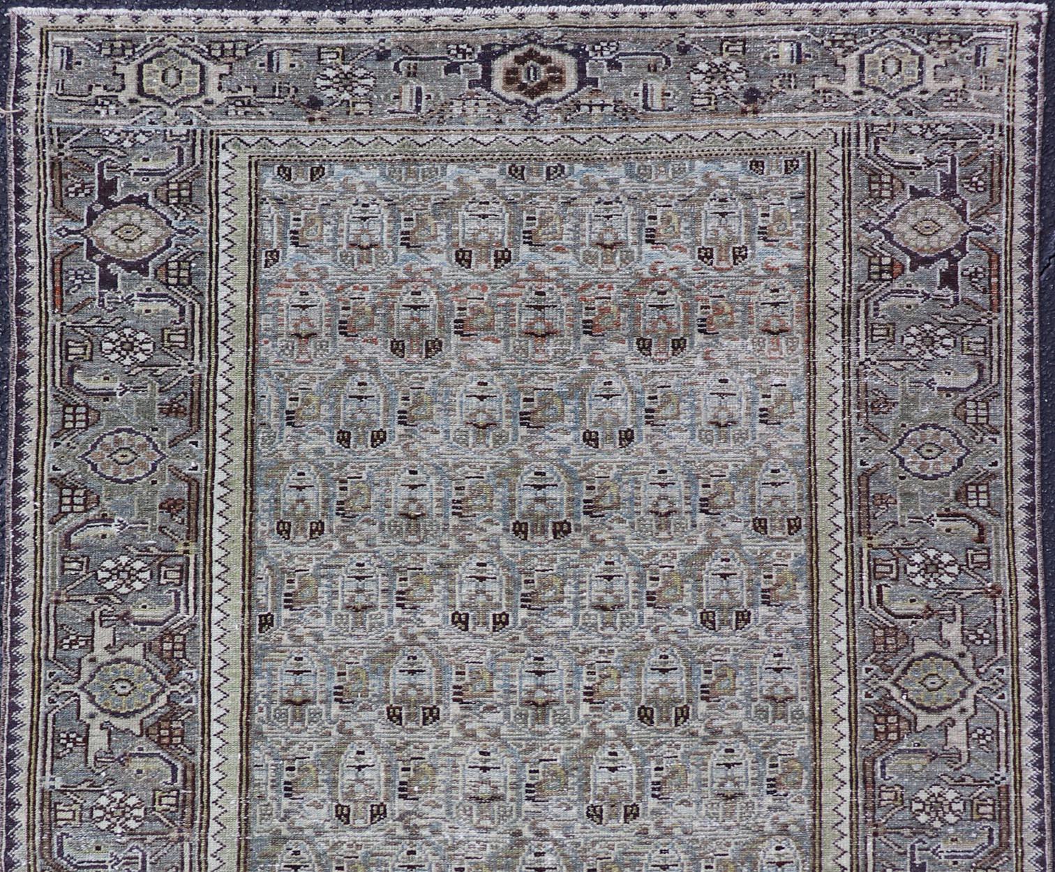 Laine Tapis ancien persan Malayer à motifs géométriques 4'1 x 7'2 en vente