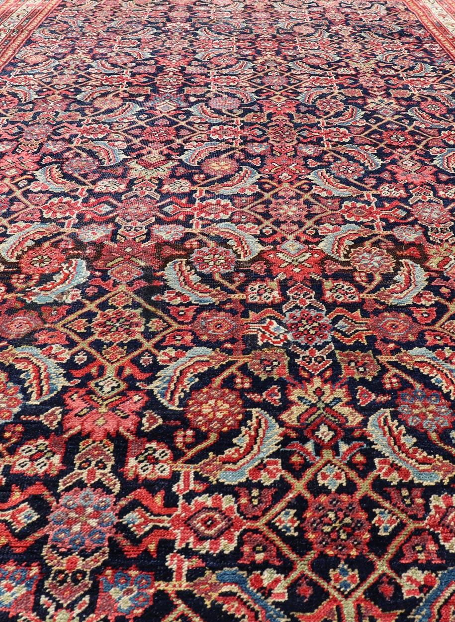 Tapis persan ancien Malayer avec tous les motifs Herati en bleu et rouge Bon état - En vente à Atlanta, GA