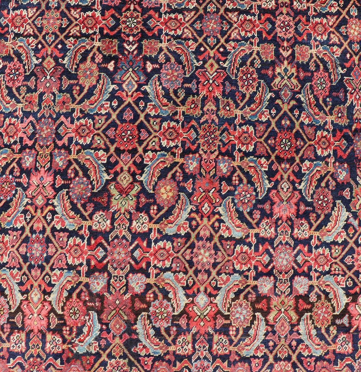 20ième siècle Tapis persan ancien Malayer avec tous les motifs Herati en bleu et rouge en vente