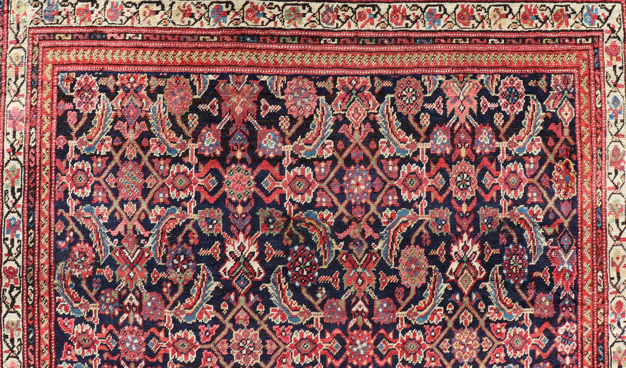 Laine Tapis persan ancien Malayer avec tous les motifs Herati en bleu et rouge en vente
